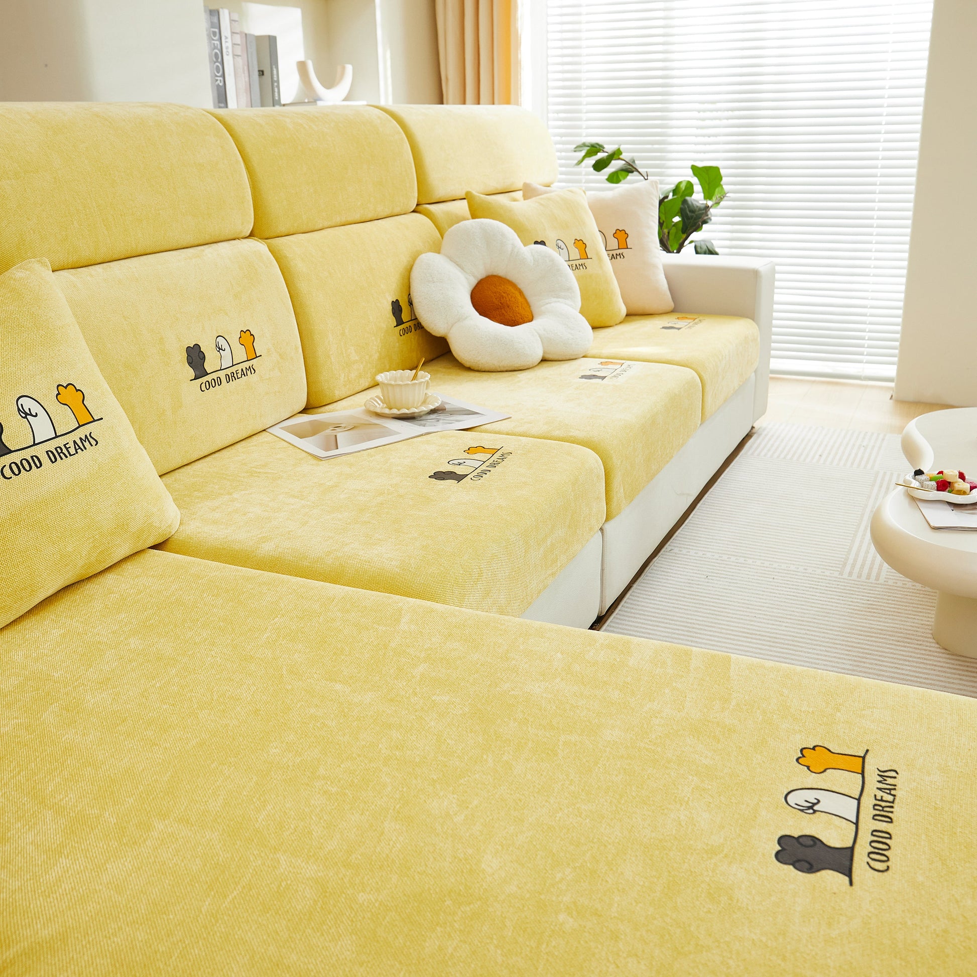 Super Stretch Seat Cushion/Couch Slipcover, Solid Couch Cushion Covers Washable Furniture Protector on yellow sofa