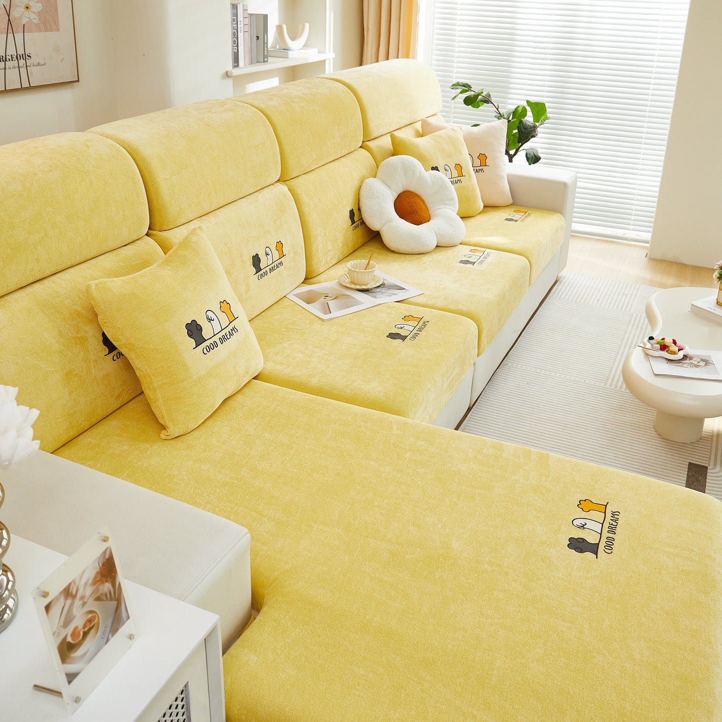Super Stretch Seat Cushion/Couch Slipcover, Solid Couch Cushion Covers Washable Furniture Protector on yellow sofa
