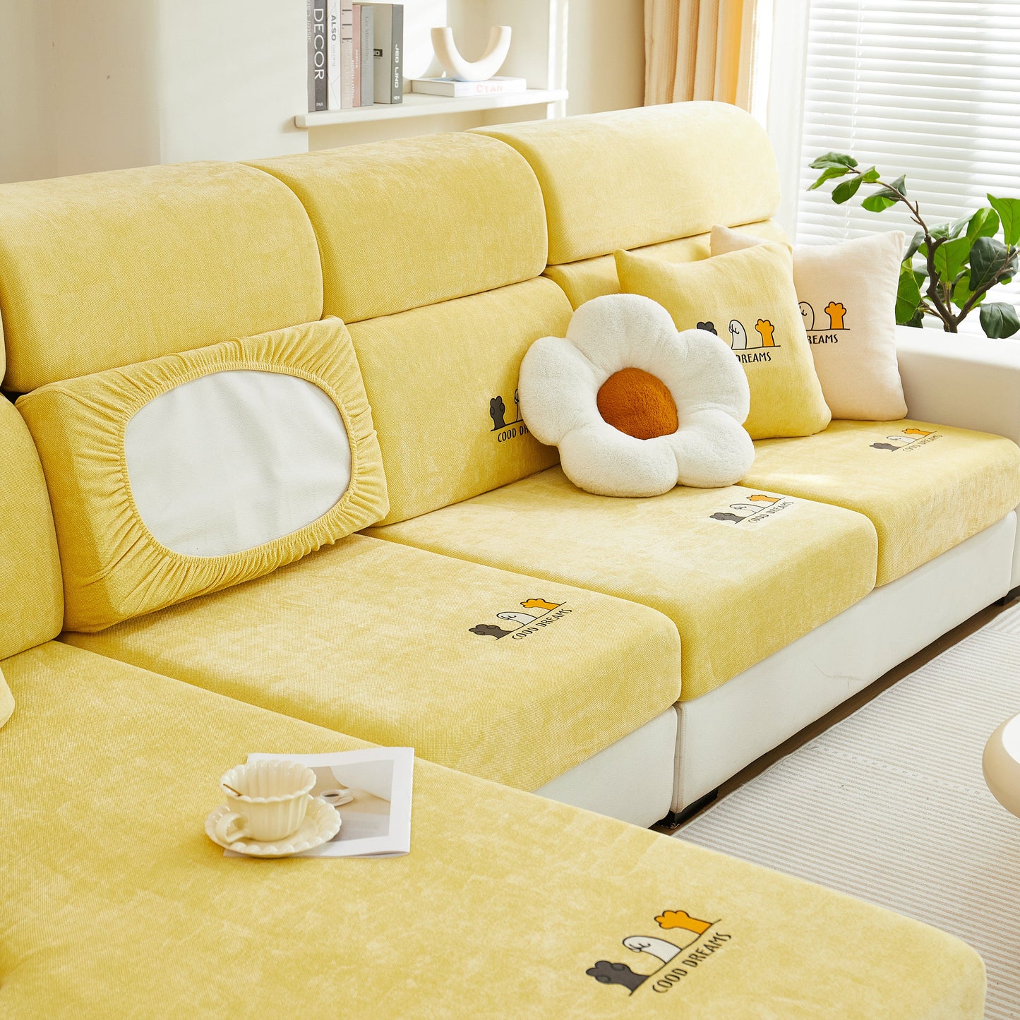 Living room with Super Stretch Seat Cushion/Couch Slipcover, Solid Couch Cushion Covers Washable Furniture Protector in yellow
