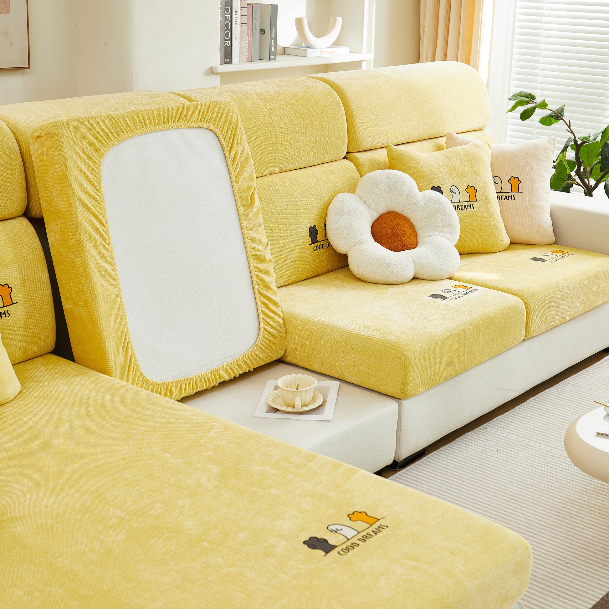 Super Stretch Seat Cushion/Couch Slipcover, Solid Couch Cushion Covers Washable Furniture Protector in yellow chenille fabric on sofa