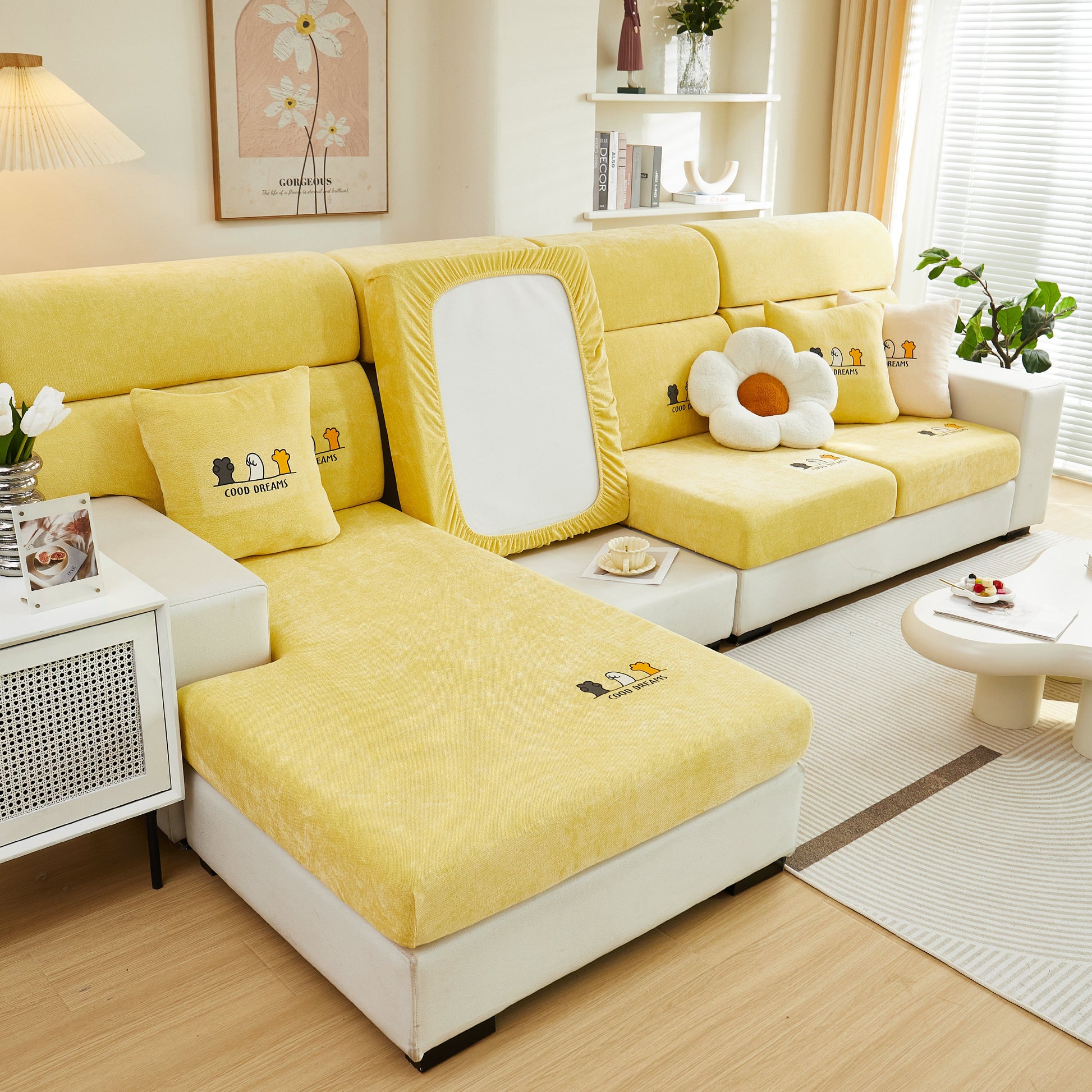 Super Stretch Seat Cushion/Couch Slipcover, Solid Couch Cushion Covers Washable Furniture Protector in a cozy living room