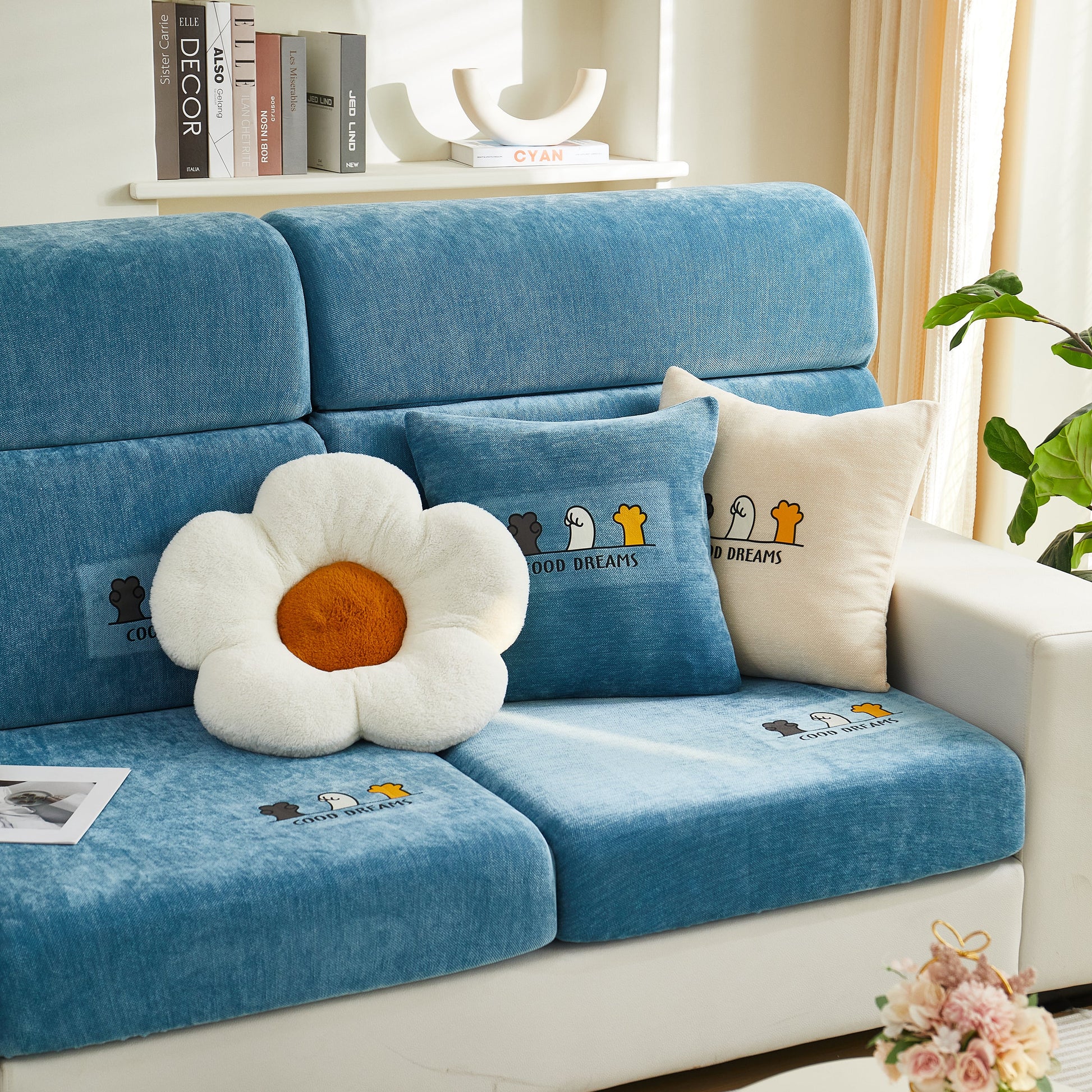 Super Stretch Seat Cushion/Couch Slipcover, Solid Couch Cushion Covers Washable Furniture Protector on blue sofa