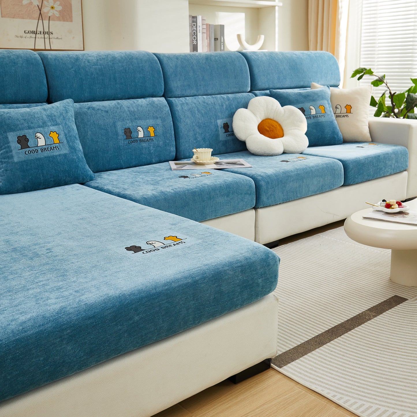 Super Stretch Seat Cushion/Couch Slipcover, Solid Couch Cushion Covers Washable Furniture Protector on blue sectional sofa