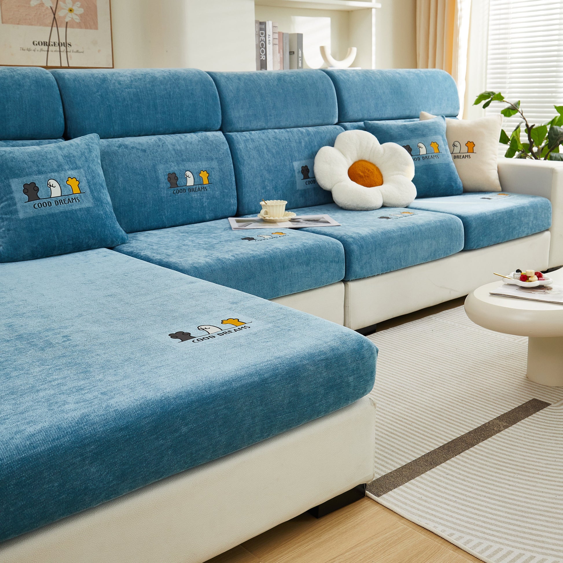 Super Stretch Seat Cushion/Couch Slipcover, Solid Couch Cushion Covers Washable Furniture Protector on blue sectional sofa
