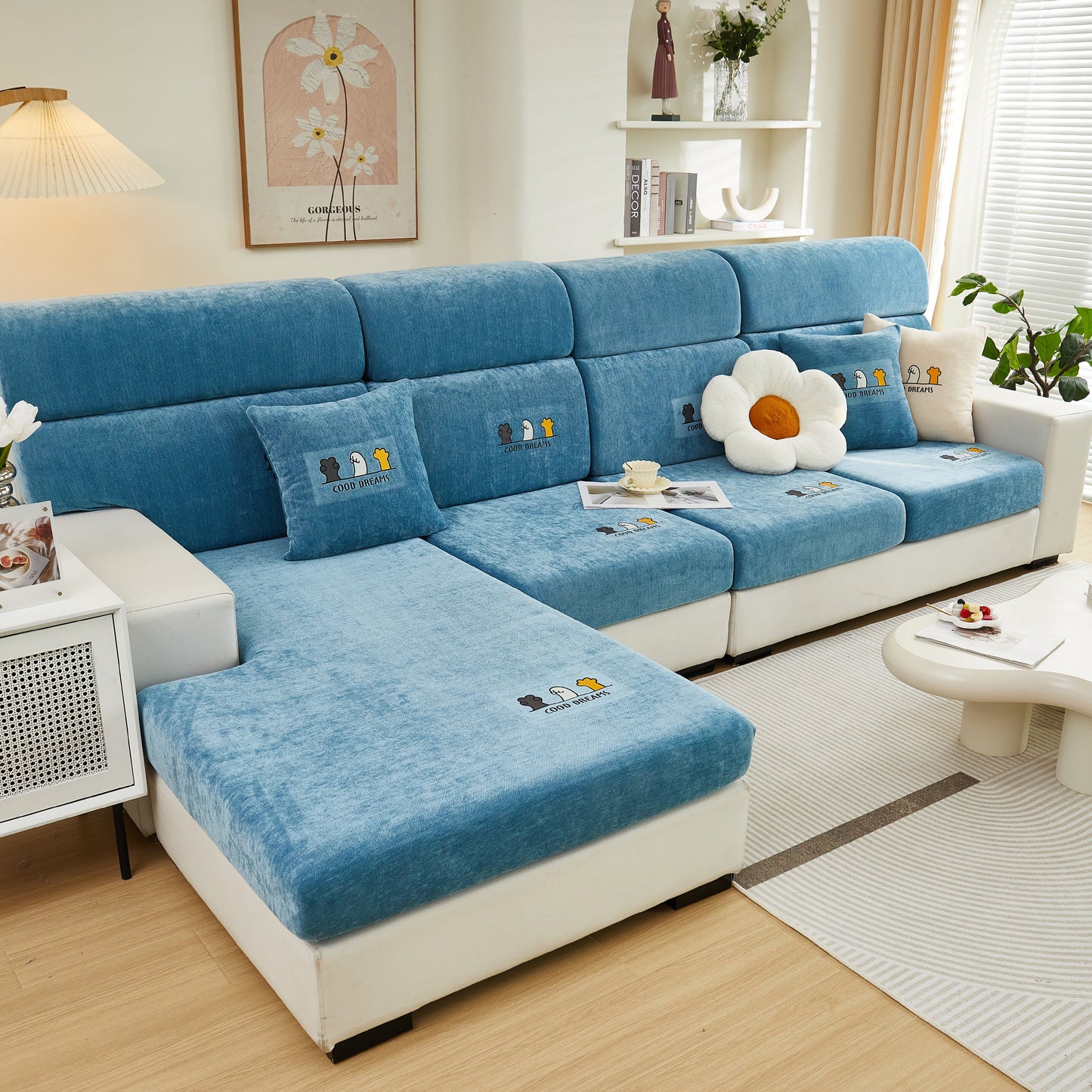 Super Stretch Seat Cushion/Couch Slipcover, Solid Couch Cushion Covers Washable Furniture Protector on blue sofa, living room view