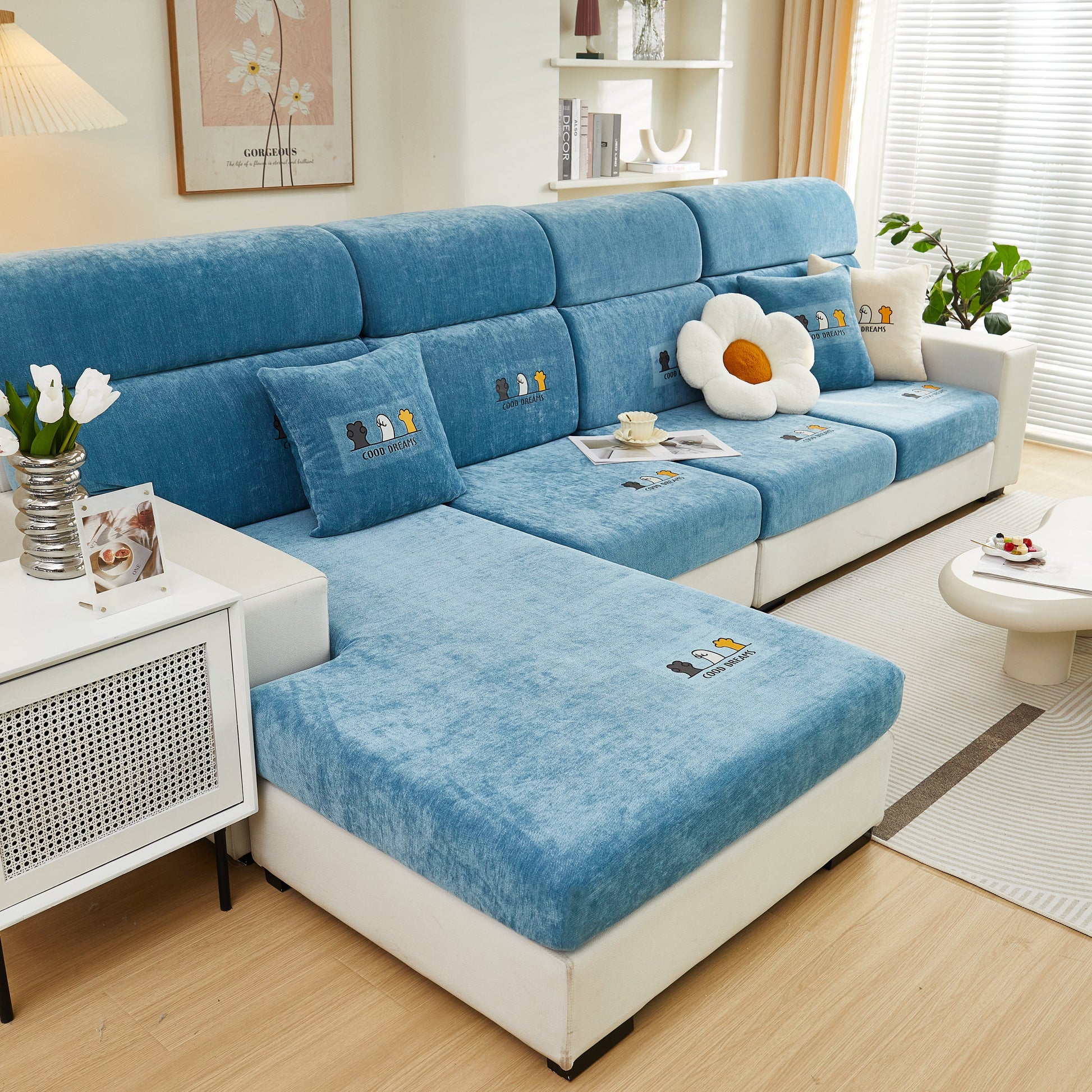 Super Stretch Seat Cushion/Couch Slipcover, Solid Couch Cushion Covers Washable Furniture Protector on blue sofa