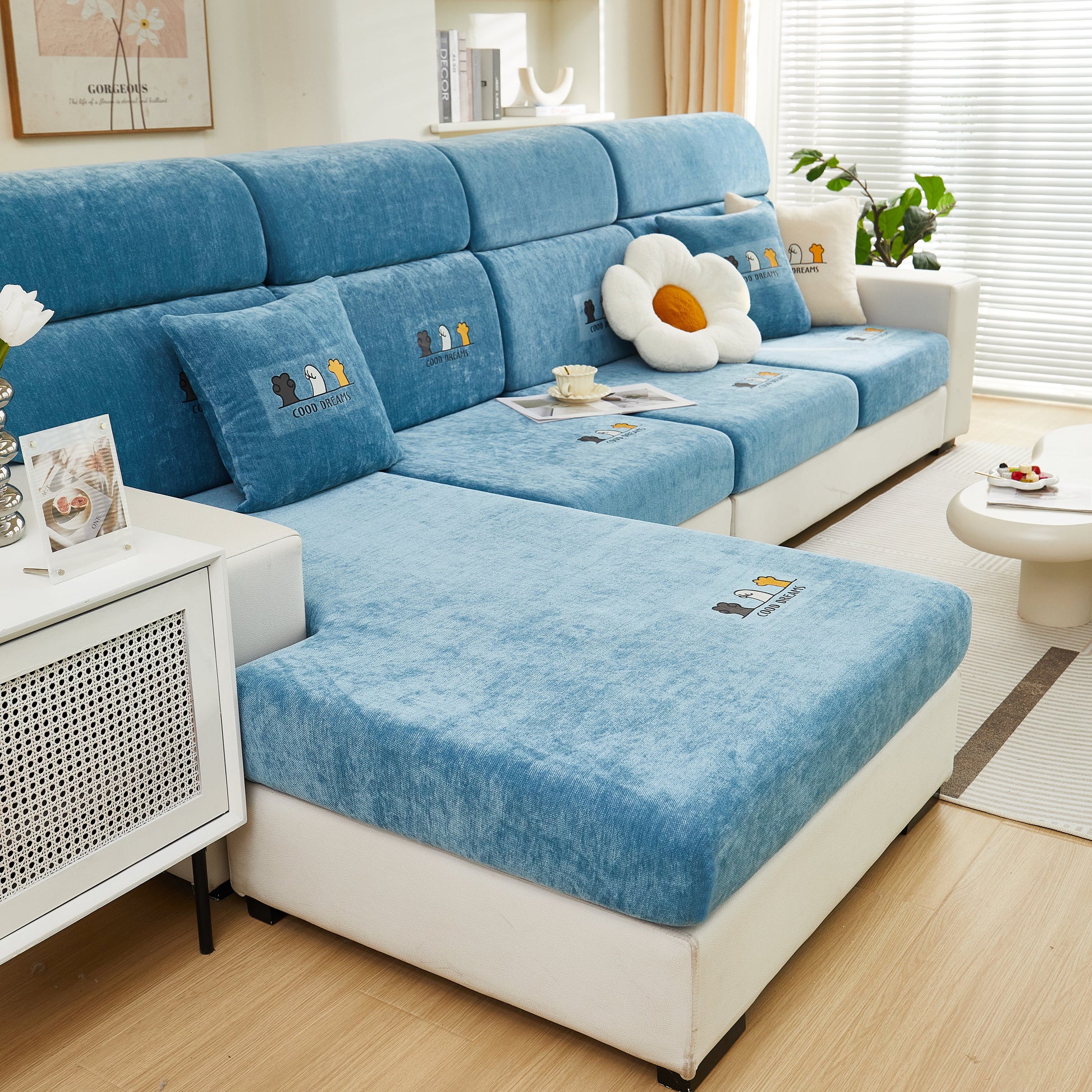 Super Stretch Seat Cushion/Couch Slipcover on blue sectional sofa in modern living room