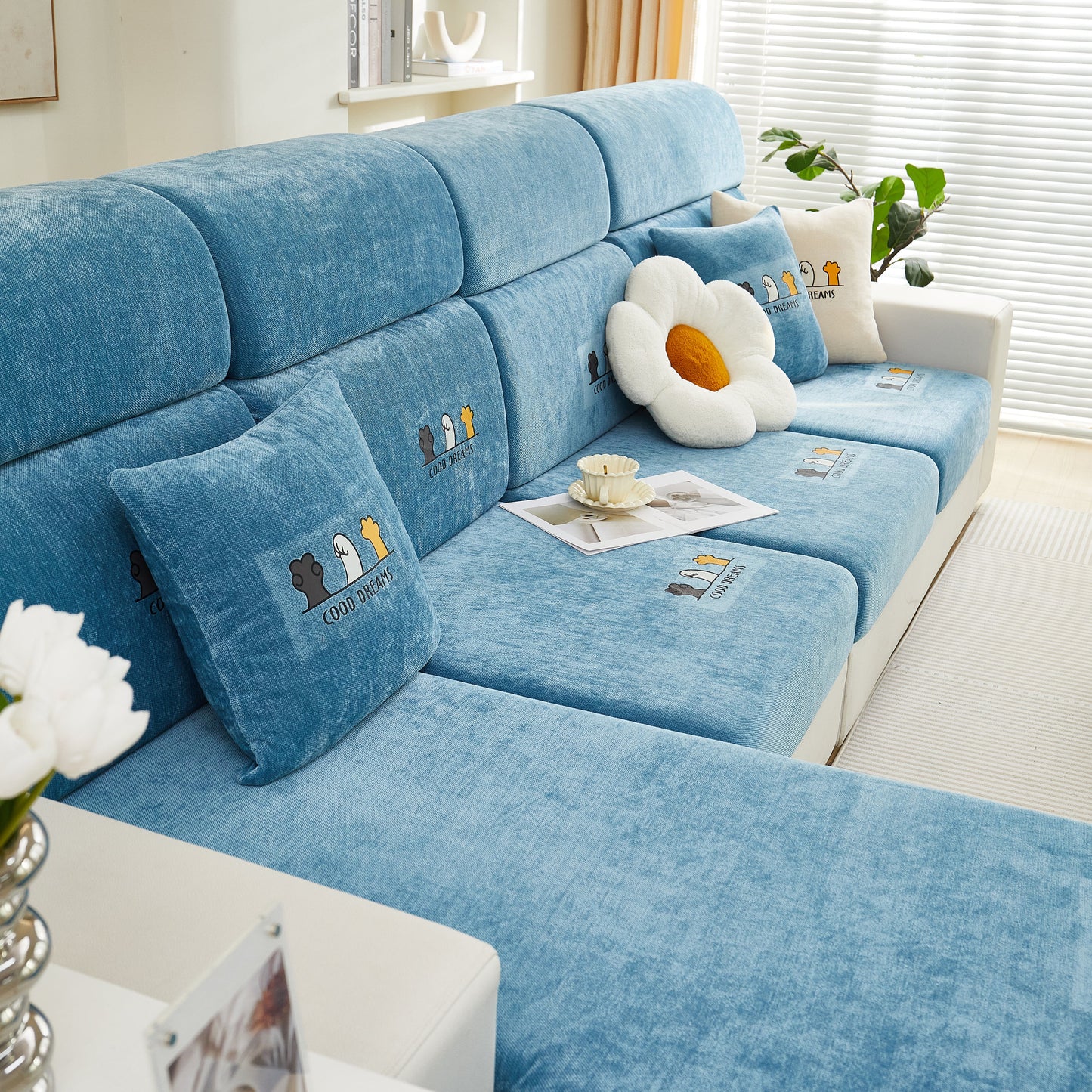 Super Stretch Seat Cushion/Couch Slipcover, Solid Couch Cushion Covers Washable Furniture Protector in blue chenille