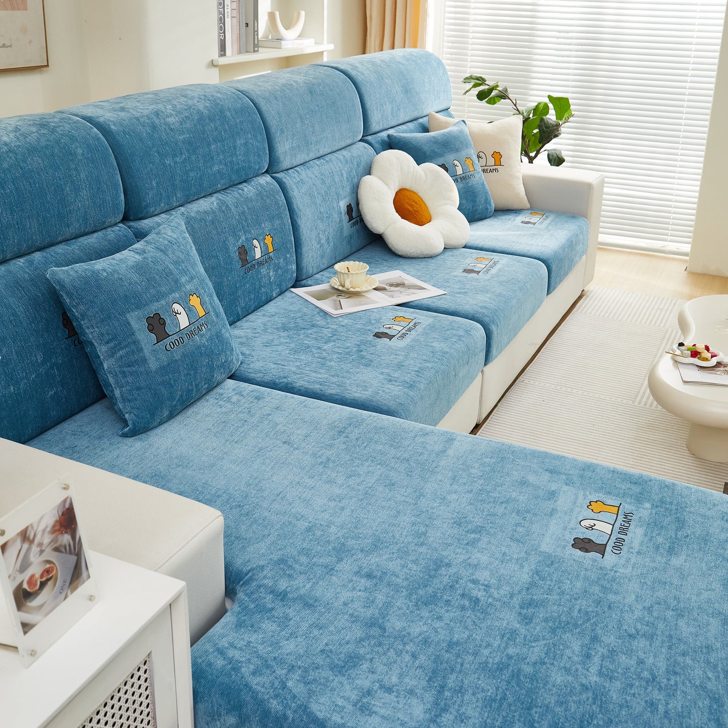 Super Stretch Seat Cushion/Couch Slipcover, Solid Couch Cushion Covers Washable Furniture Protector on blue sofa