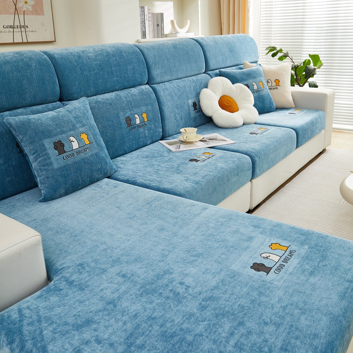 Super Stretch Seat Cushion/Couch Slipcover, Solid Couch Cushion Covers Washable Furniture Protector on blue sofa.