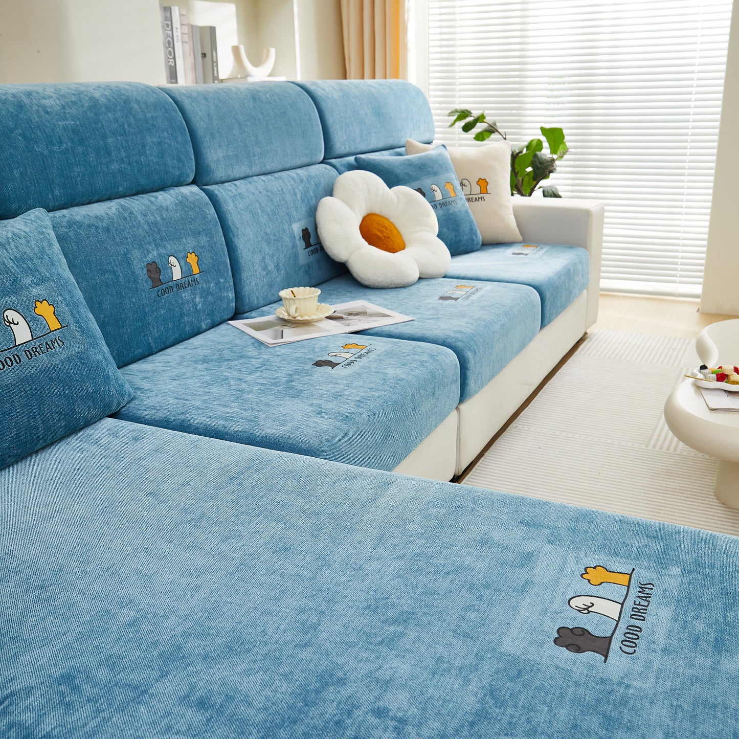 Super Stretch Seat Cushion/Couch Slipcover, Solid Couch Cushion Covers Washable Furniture Protector on blue sofa