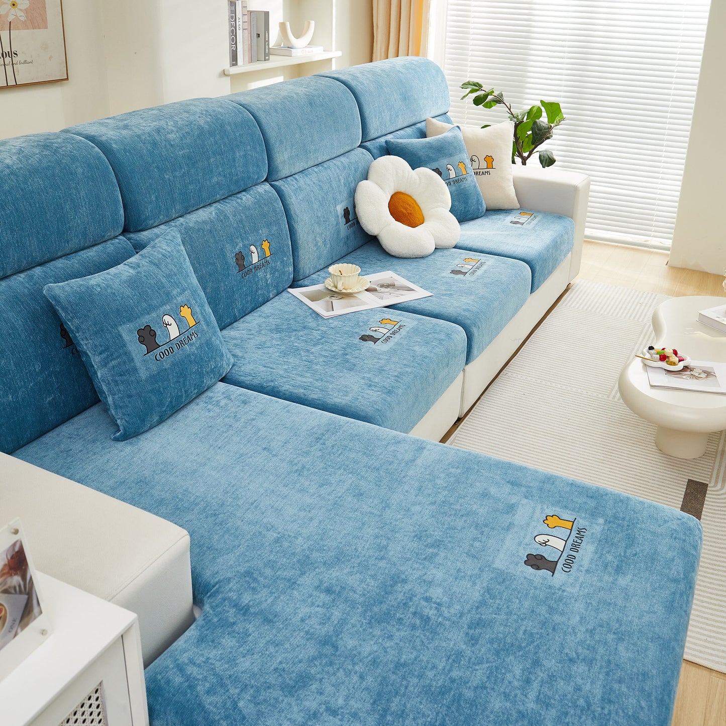 Super Stretch Seat Cushion/Couch Slipcover, Solid Couch Cushion Covers Washable Furniture Protector on a blue sofa