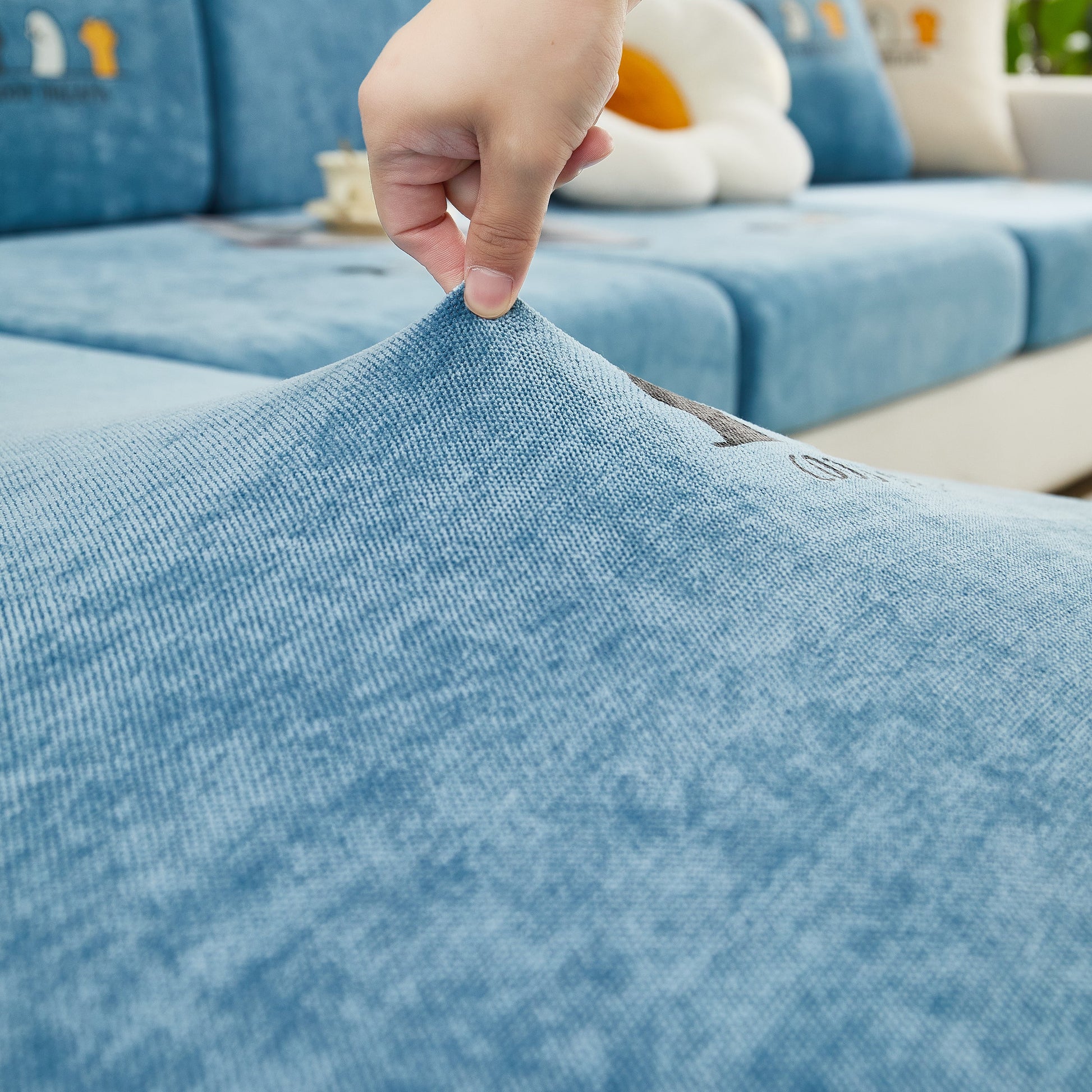 Hand stretching Super Stretch Seat Cushion/Couch Slipcover, Solid Couch Cushion Covers Washable Furniture Protector on sofa