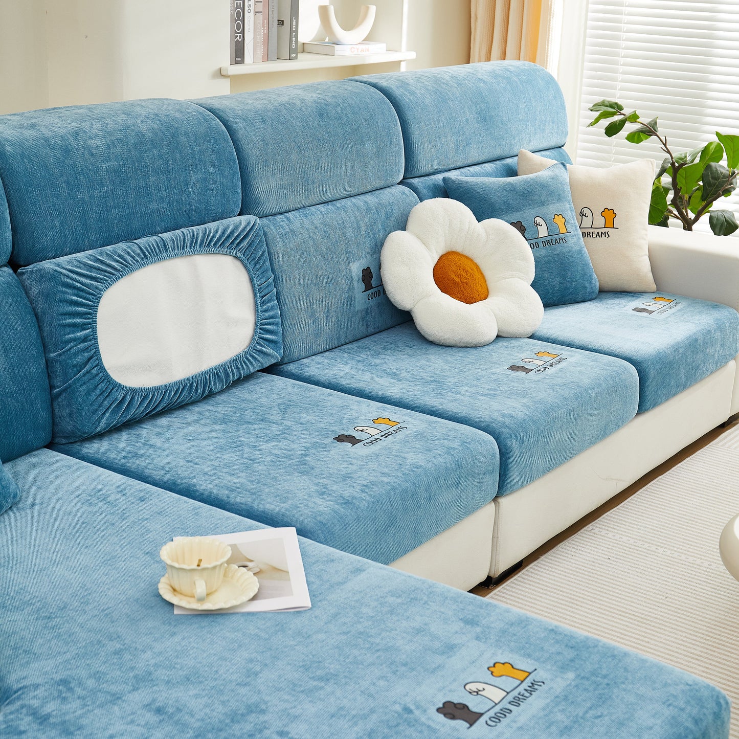 Living room with Super Stretch Seat Cushion/Couch Slipcover, Solid Couch Cushion Covers Washable Furniture Protector in blue.