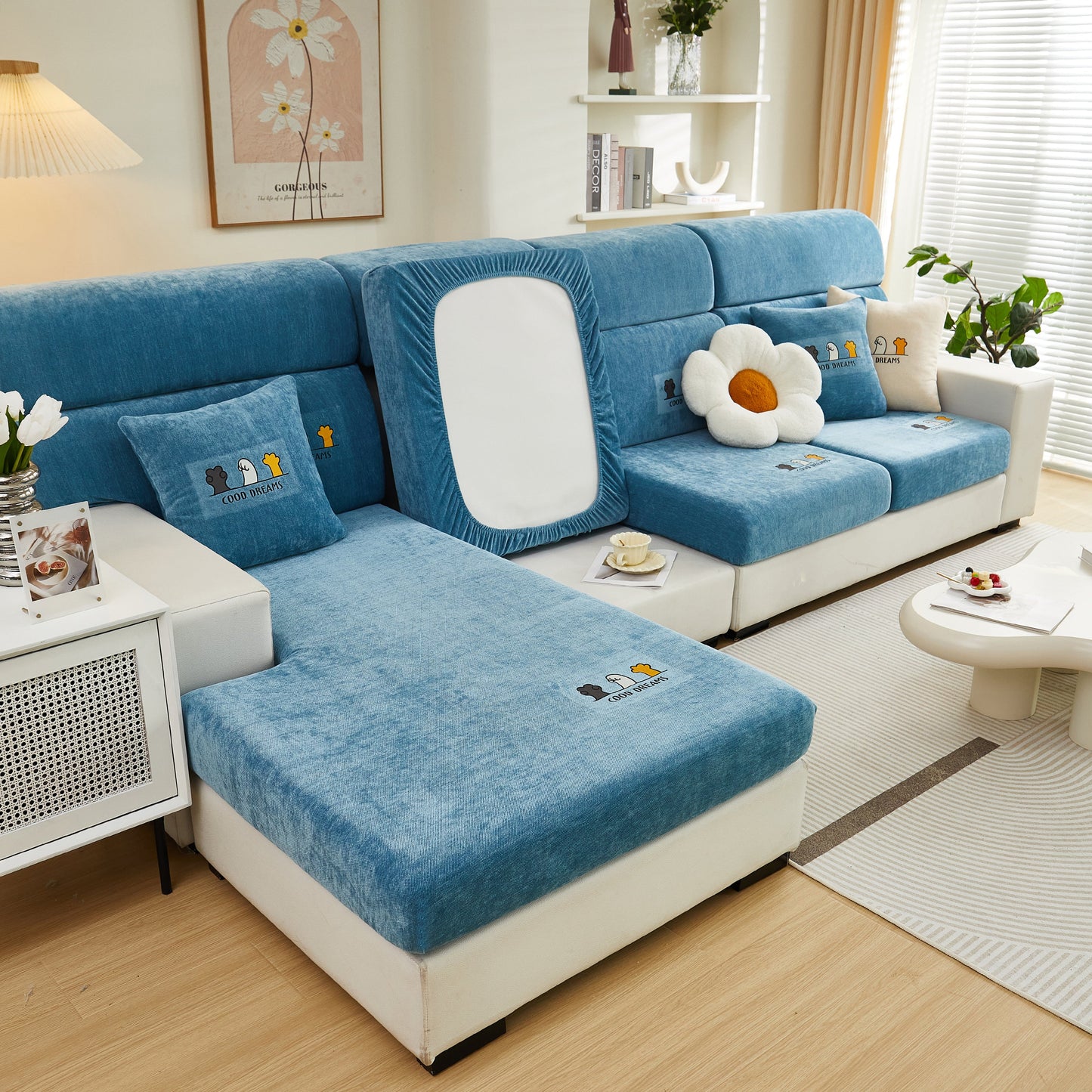 Blue sofa with Super Stretch Seat Cushion/Couch Slipcover, Solid Couch Cushion Covers Washable Furniture Protector.