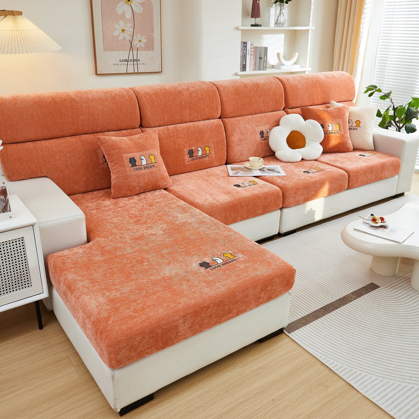Stylish living room with Super Stretch Seat Cushion/Couch Slipcover in orange, Solid Couch Cushion Covers Washable Furniture Protector.