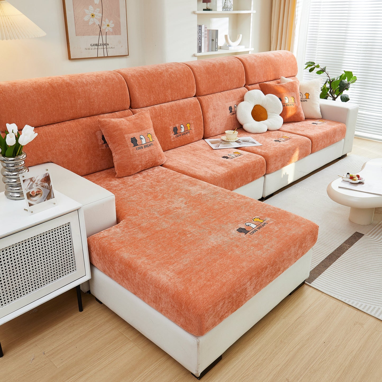 Cozy living room with orange Super Stretch Seat Cushion/Couch Slipcover, Solid Couch Cushion Covers Washable Furniture Protector