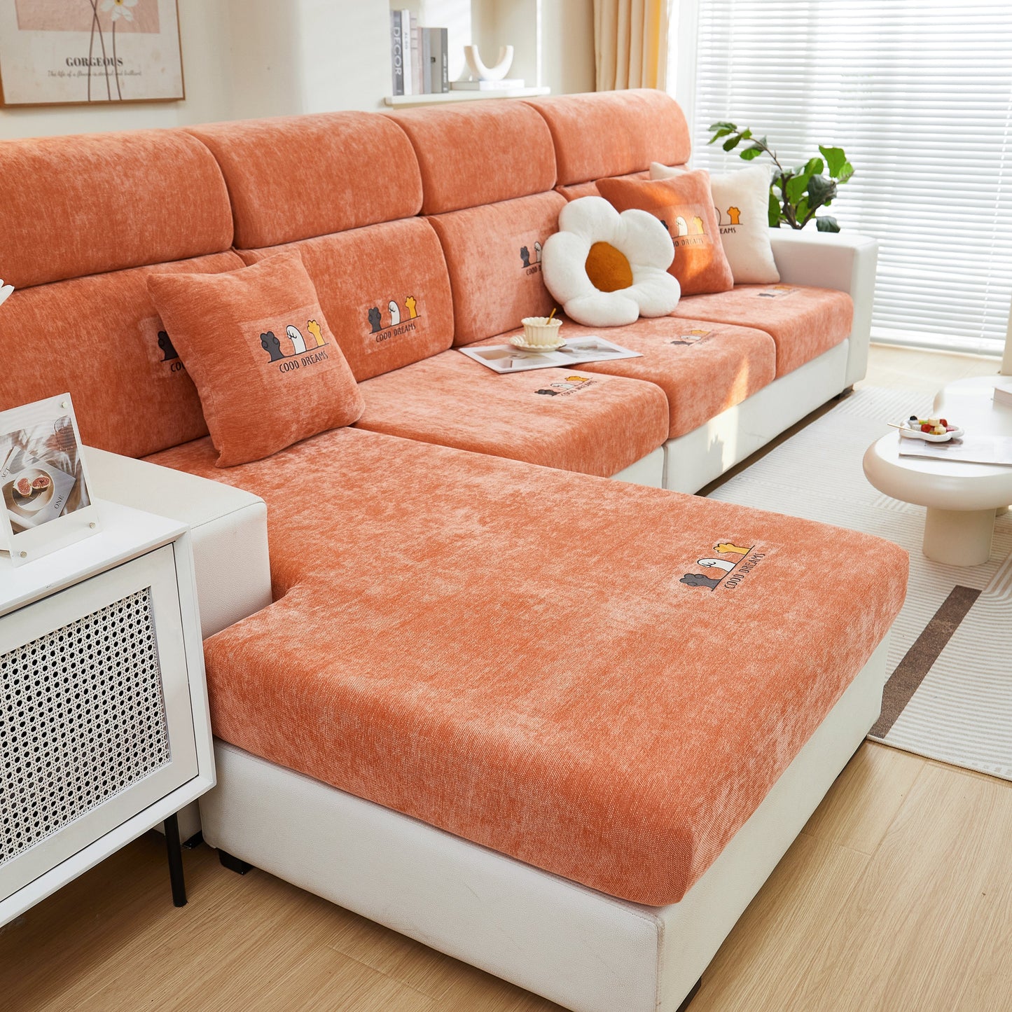 Super Stretch Seat Cushion/Couch Slipcover, Solid Couch Cushion Covers Washable Furniture Protector in cozy living room setting