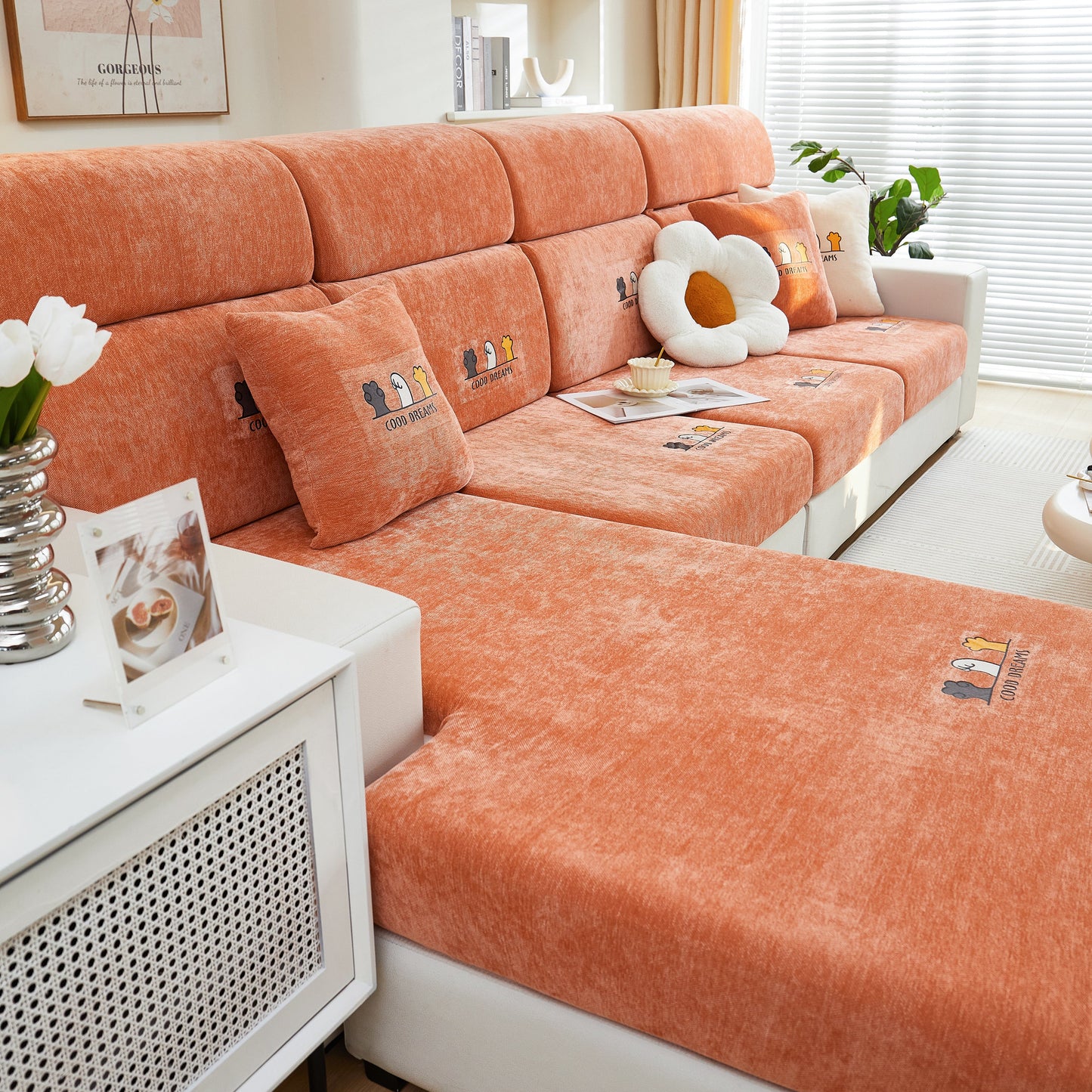 Super Stretch Seat Cushion/Couch Slipcover on sofa showcasing luxurious Chenille fabric in living room setting