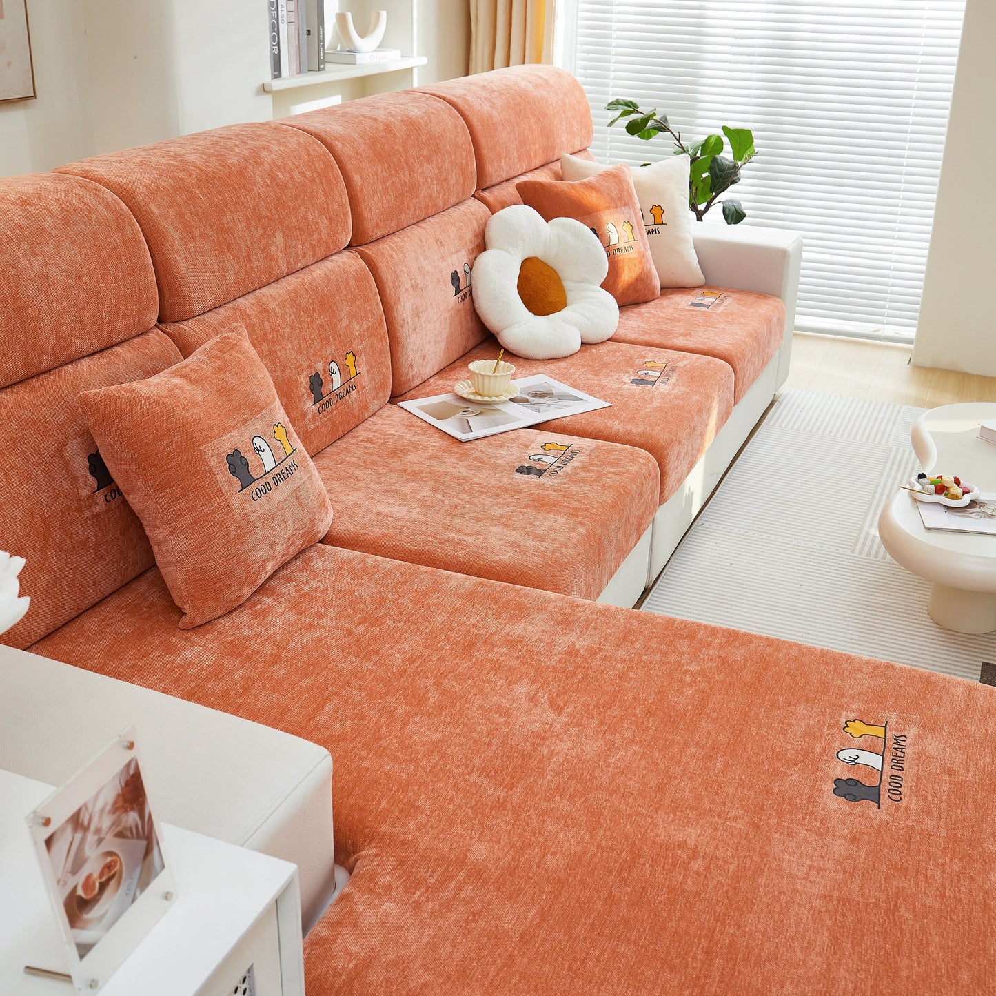 Orange sofa with Super Stretch Seat Cushion/Couch Slipcover, Solid Couch Cushion Covers Washable Furniture Protector, cozy living room.