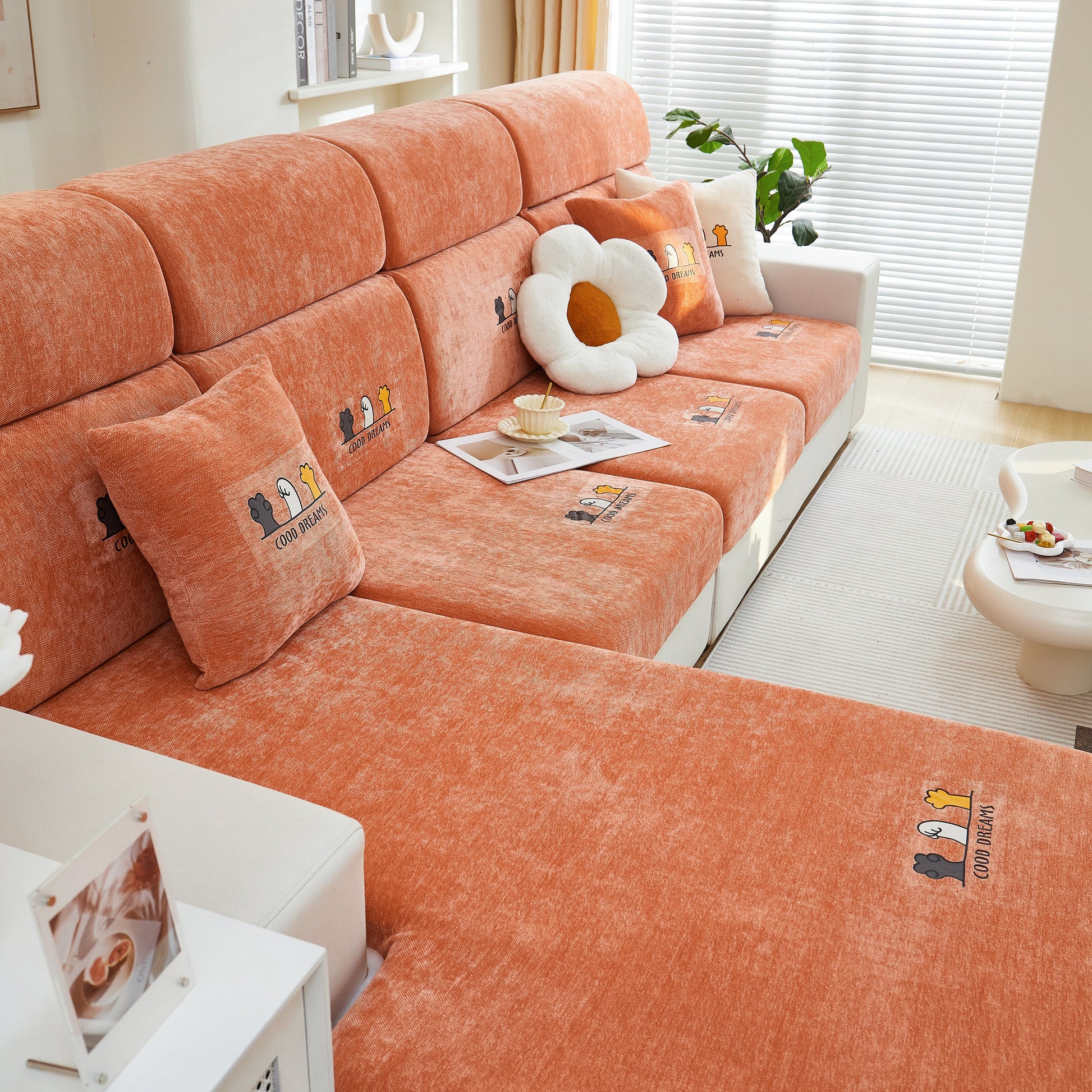Orange sofa with Super Stretch Seat Cushion/Couch Slipcover, Solid Couch Cushion Covers Washable Furniture Protector, cozy living room.