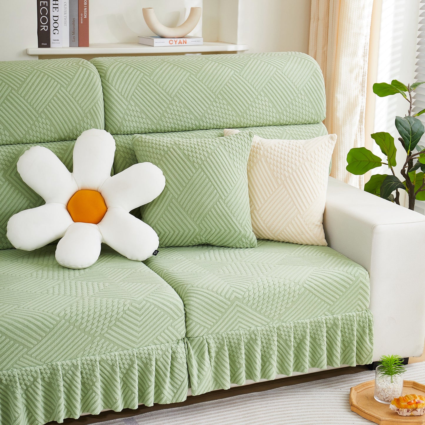 Stretch Sofa Covers for Couch Seats and Cushions, Suitable for 1/2/3/4/L Seater Sofas and Couches in elegant green color.
