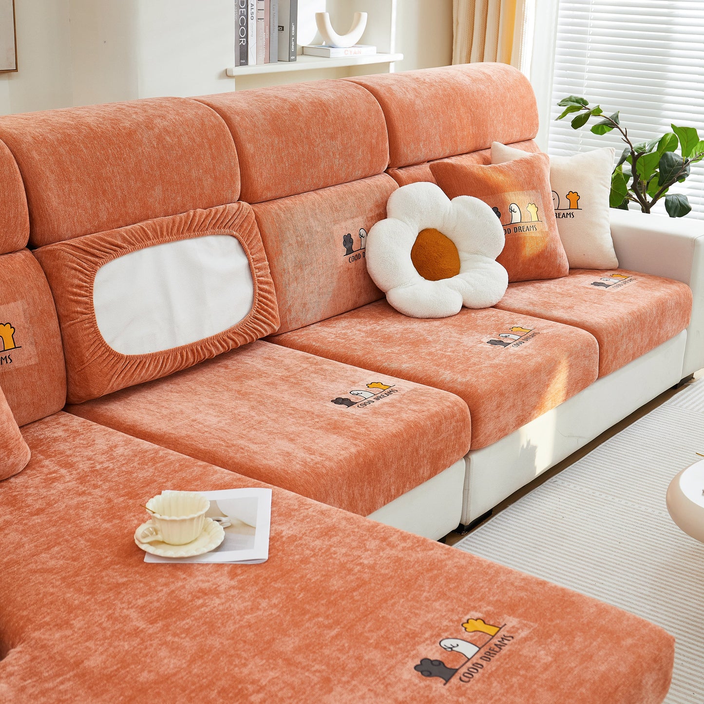 Super Stretch Seat Cushion/Couch Slipcover, Solid Couch Cushion Covers Washable Furniture Protector in chenille fabric on orange sofa