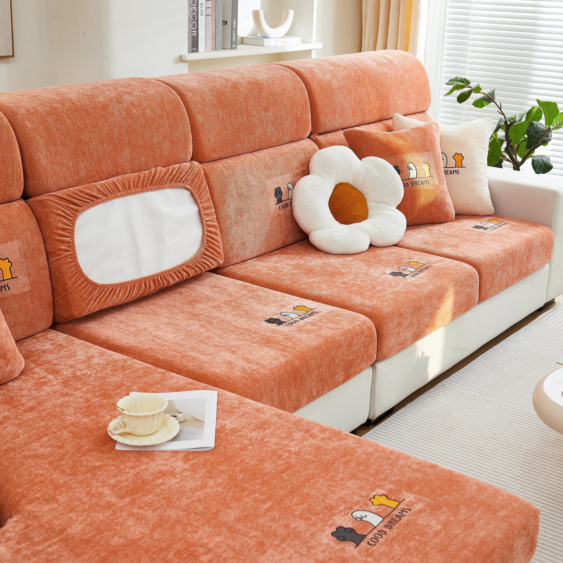 Super Stretch Seat Cushion/Couch Slipcover, Solid Couch Cushion Covers Washable Furniture Protector in chenille fabric on orange sofa