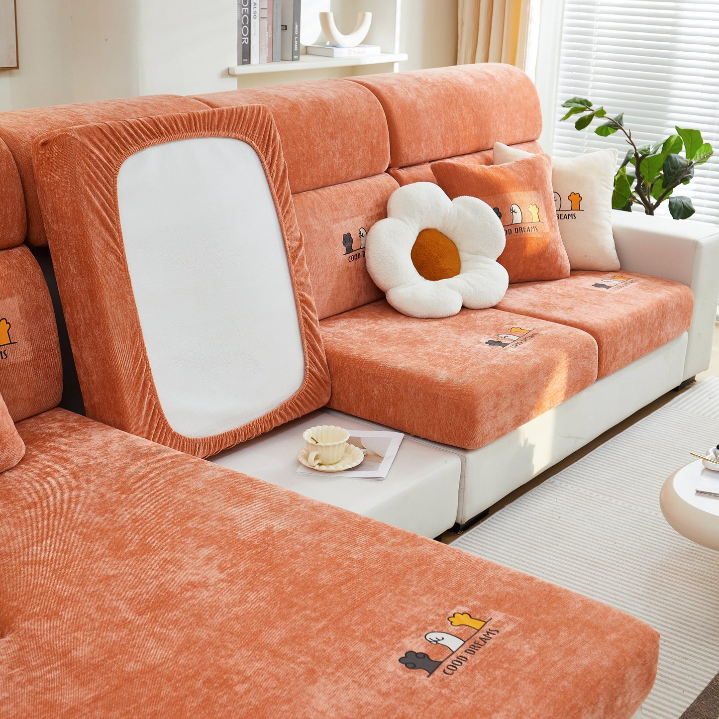 Super Stretch Seat Cushion/Couch Slipcover, Solid Couch Cushion Covers Washable Furniture Protector on orange sofa