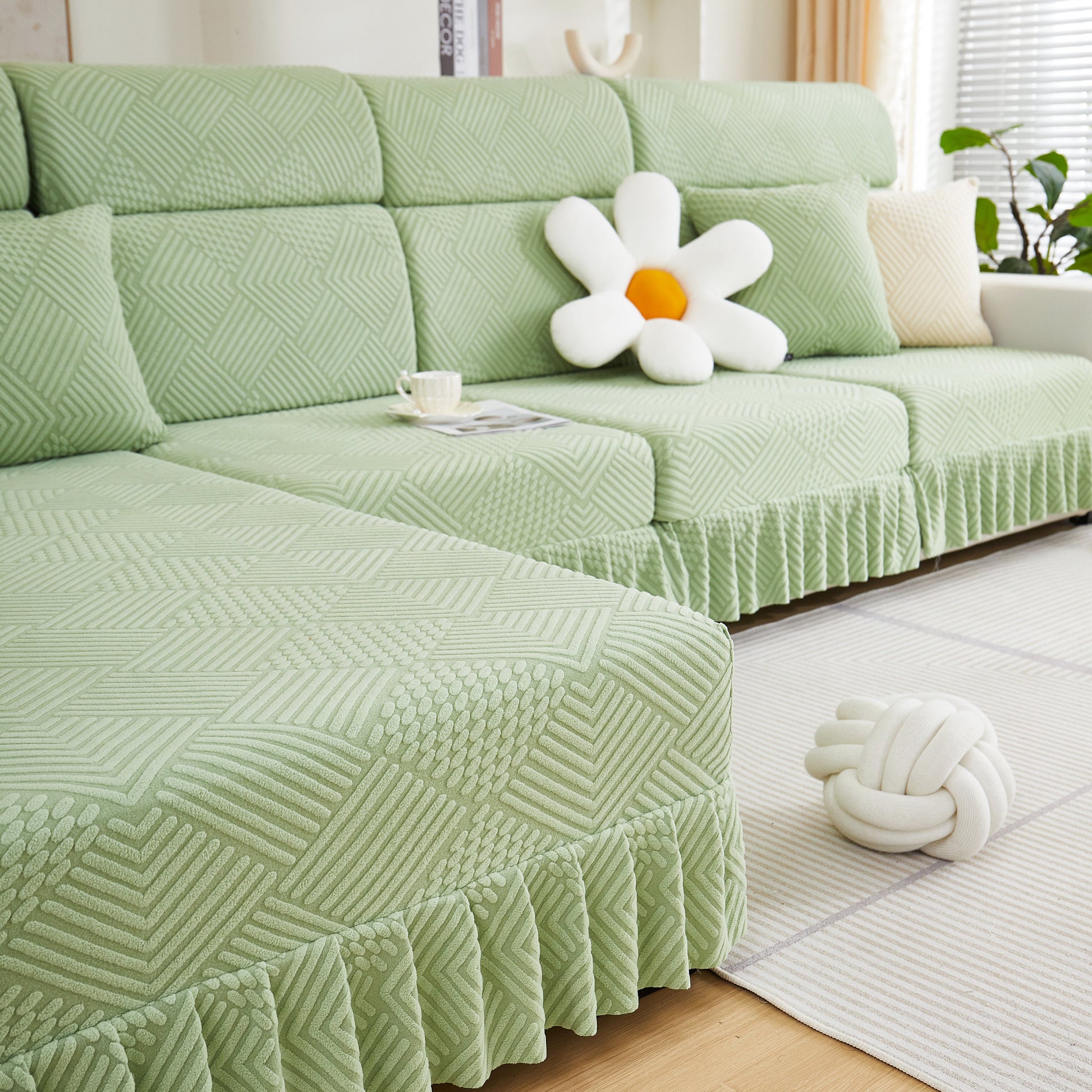 Stretch Sofa Covers for Couch Seats and Cushions, Suitable for 1/2/3/4/L Seater Sofas and Couches in stylish green with decorative accents