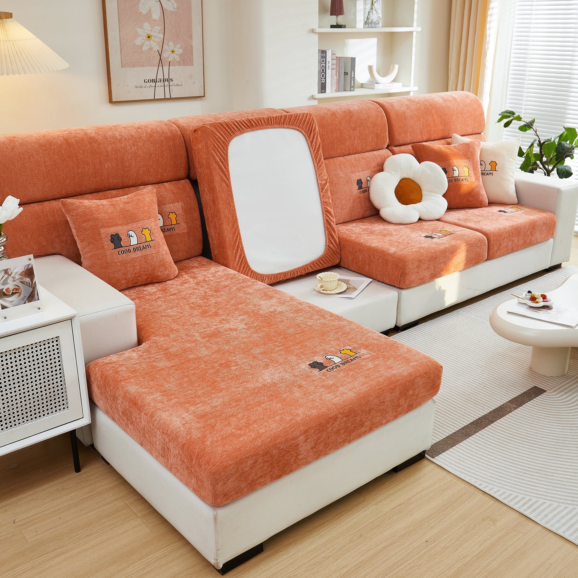 Cozy living room with Super Stretch Seat Cushion/Couch Slipcover, Solid Couch Cushion Covers Washable Furniture Protector