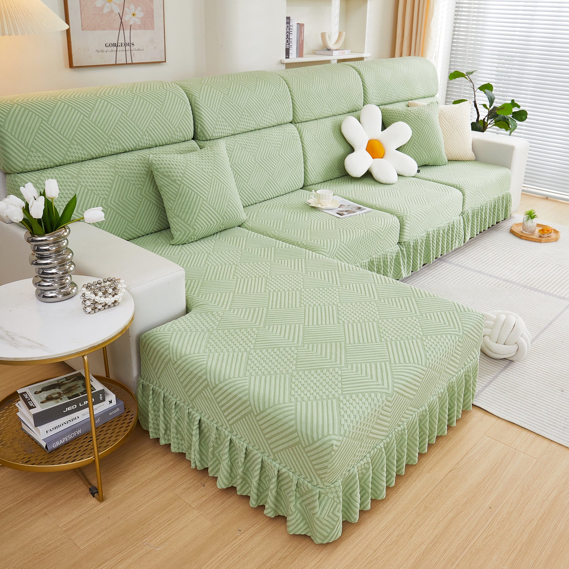 Stretch Sofa Covers for Couch Seats and Cushions, Suitable for 1/2/3/4/L Seater Sofas and Couches in elegant green fabric
