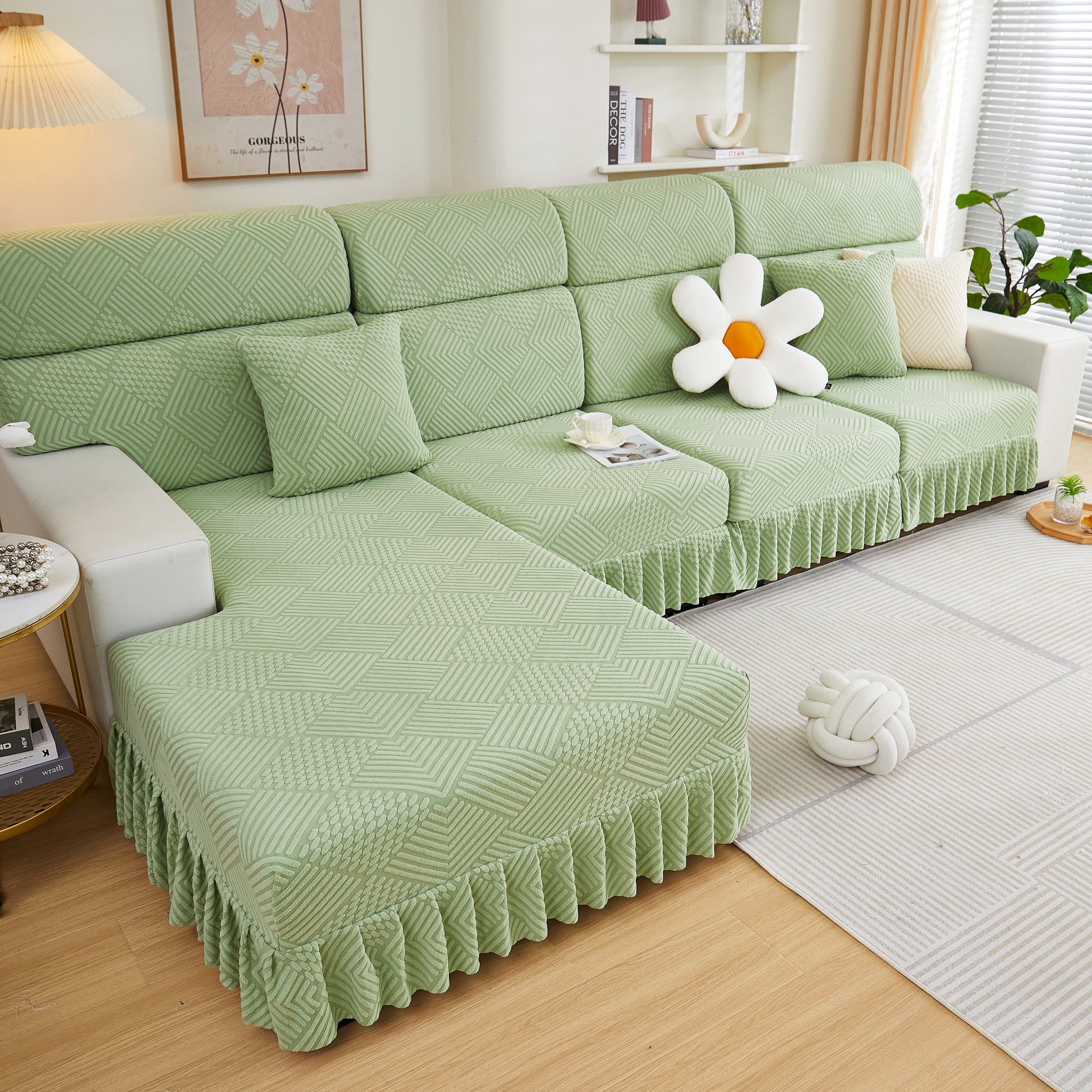 Stretch Sofa Covers for Couch Seats and Cushions, Suitable for 1/2/3/4/L Seater Sofas and Couches with stylish green design