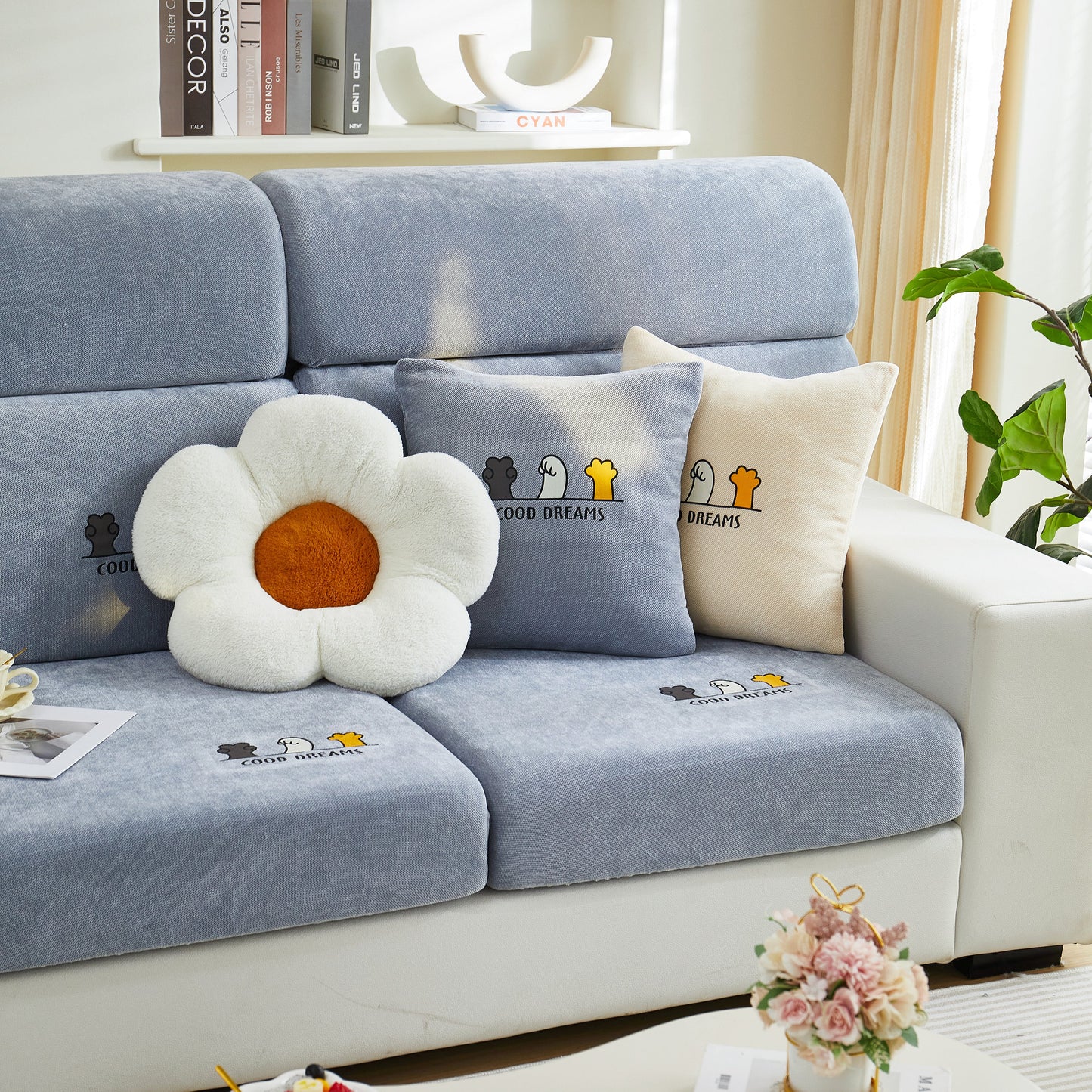 Super Stretch Seat Cushion/Couch Slipcover, Solid Couch Cushion Covers Washable Furniture Protector on a cozy sofa setting