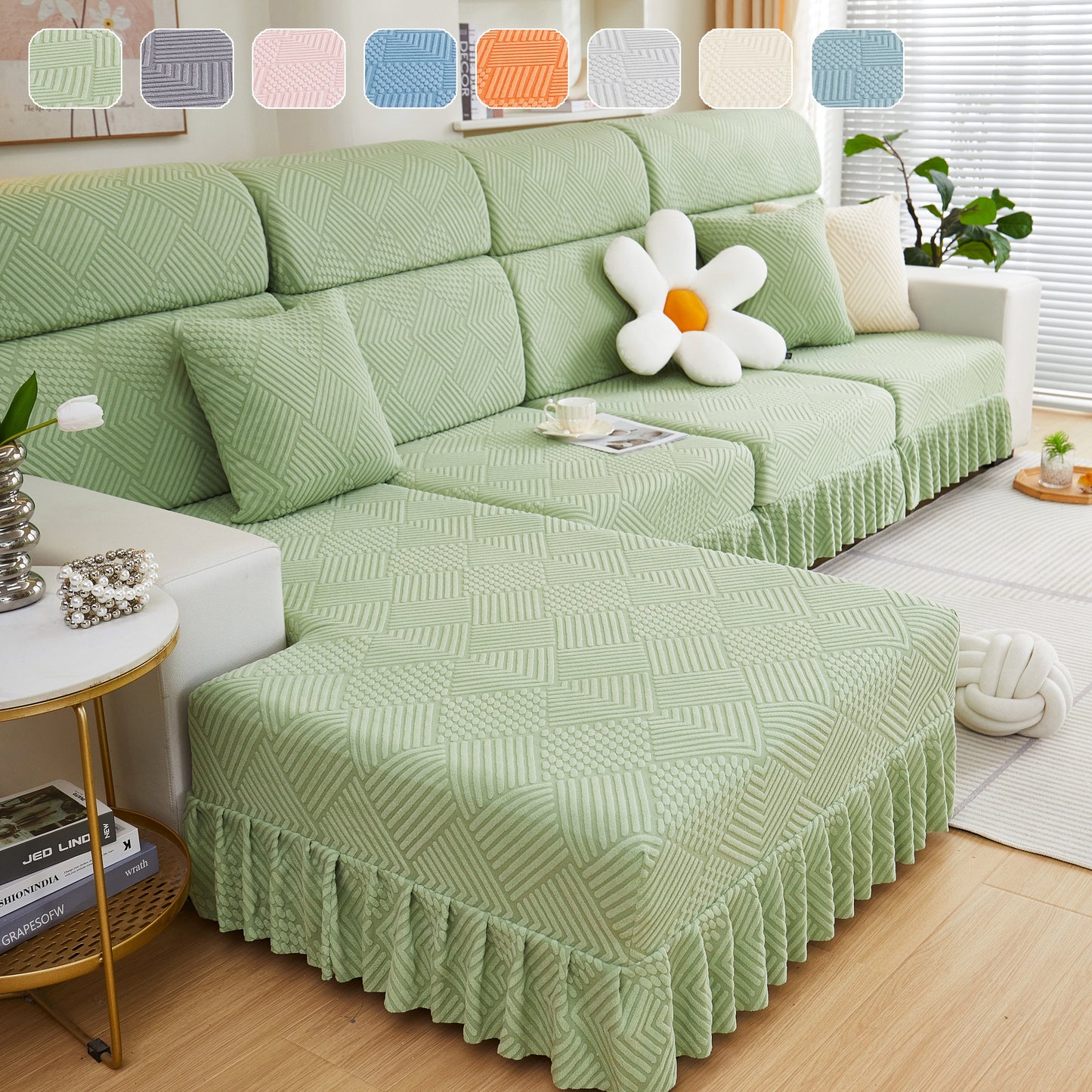 Stretch Sofa Covers for Couch Seats and Cushions, Suitable for 1/2/3/4/L Seater Sofas and Couches, elegant green design with skirt detail