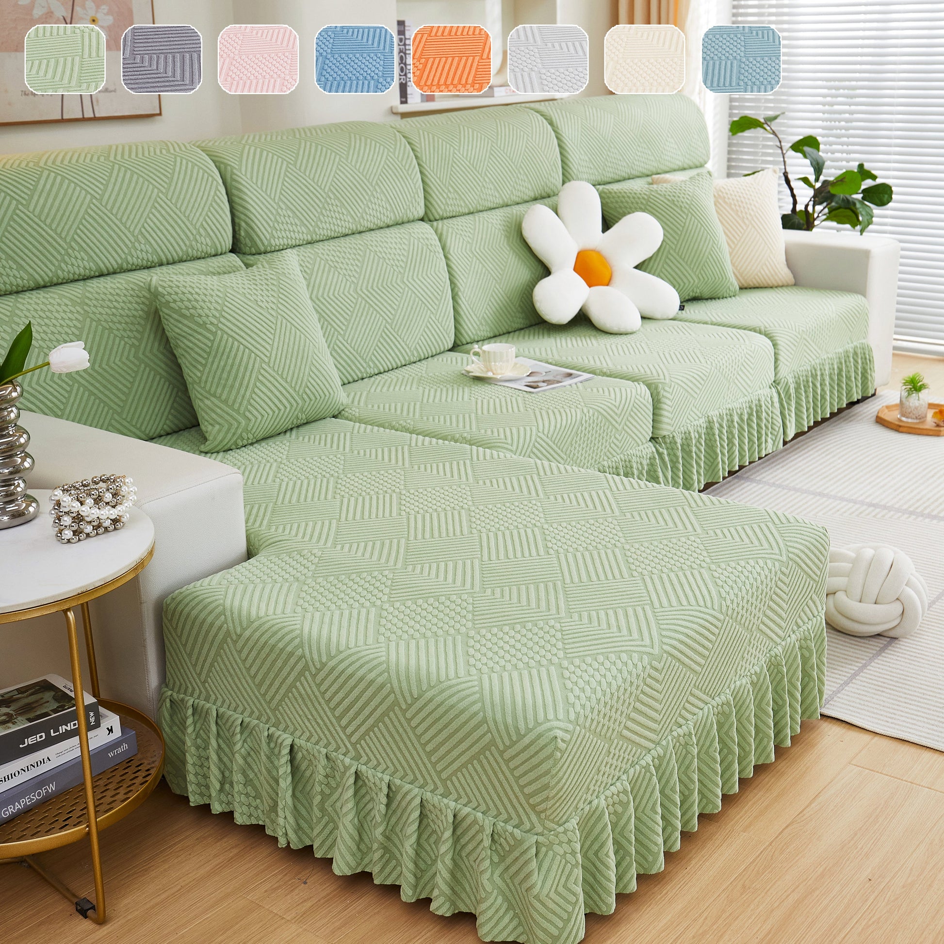 Stretch Sofa Covers for Couch Seats and Cushions, Suitable for 1/2/3/4/L Seater Sofas and Couches, elegant green design with skirt detail