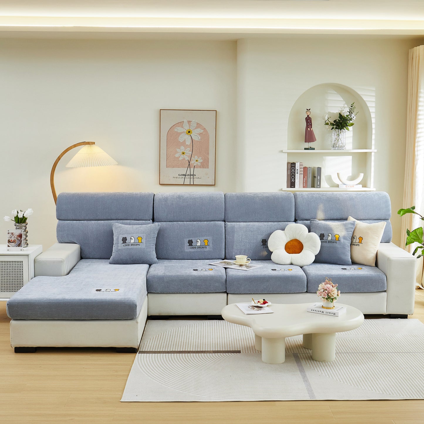 Super Stretch Seat Cushion/Couch Slipcover, Solid Couch Cushion Covers Washable Furniture Protector in a cozy living room setting
