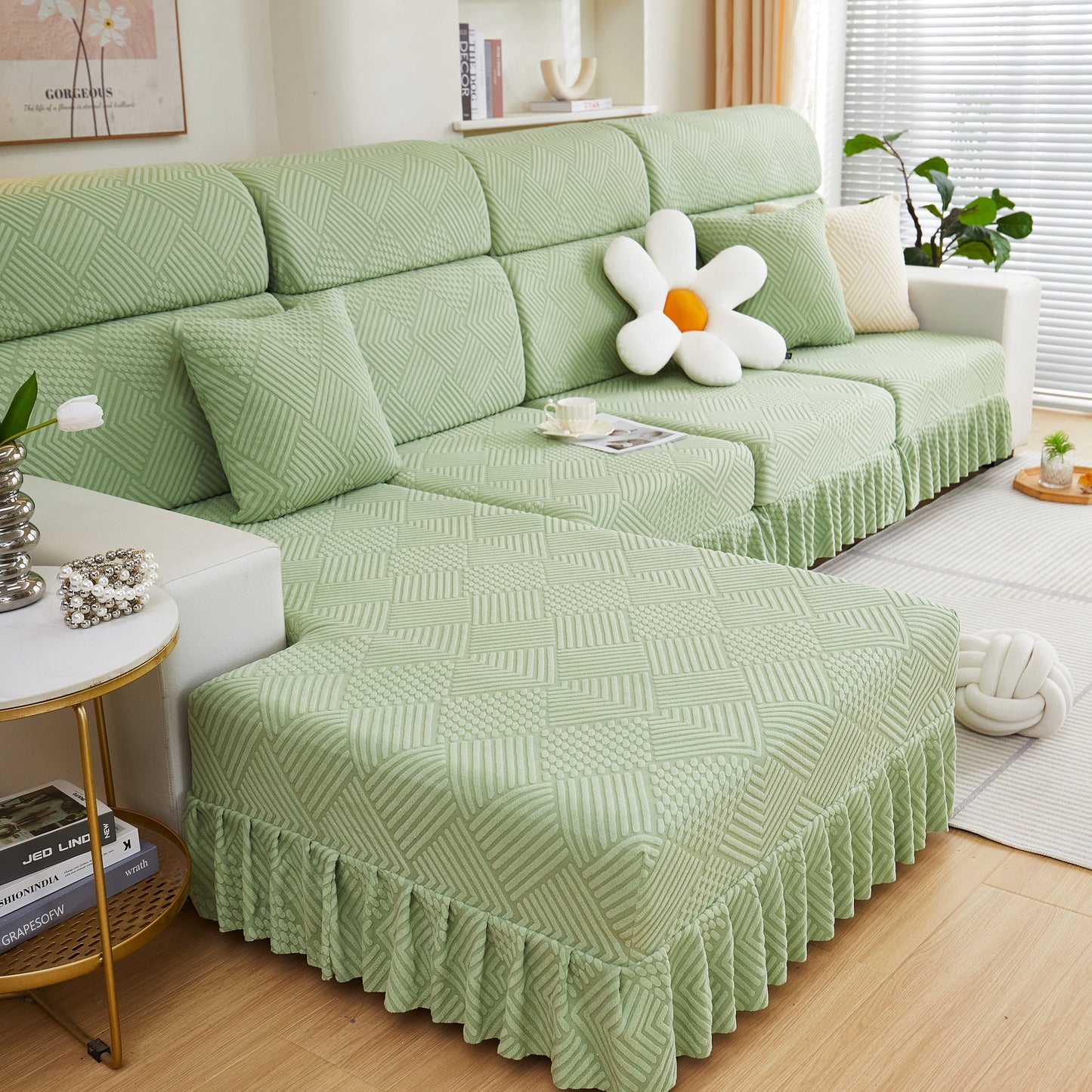 Green stretch sofa covers for couch seats and cushions, suitable for 1/2/3/4/L seater sofas and couches with elegant skirt design.