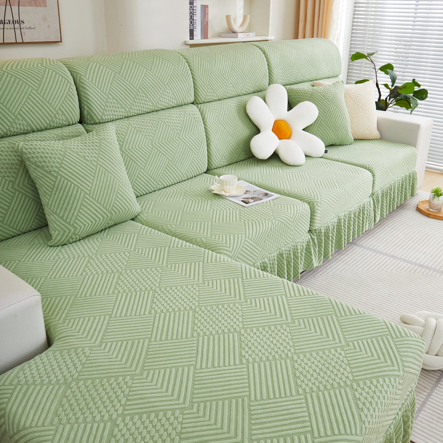 Green Stretch Sofa Covers for Couch Seats and Cushions, Suitable for 1/2/3/4/L Seater Sofas and Couches, with stylish skirt design