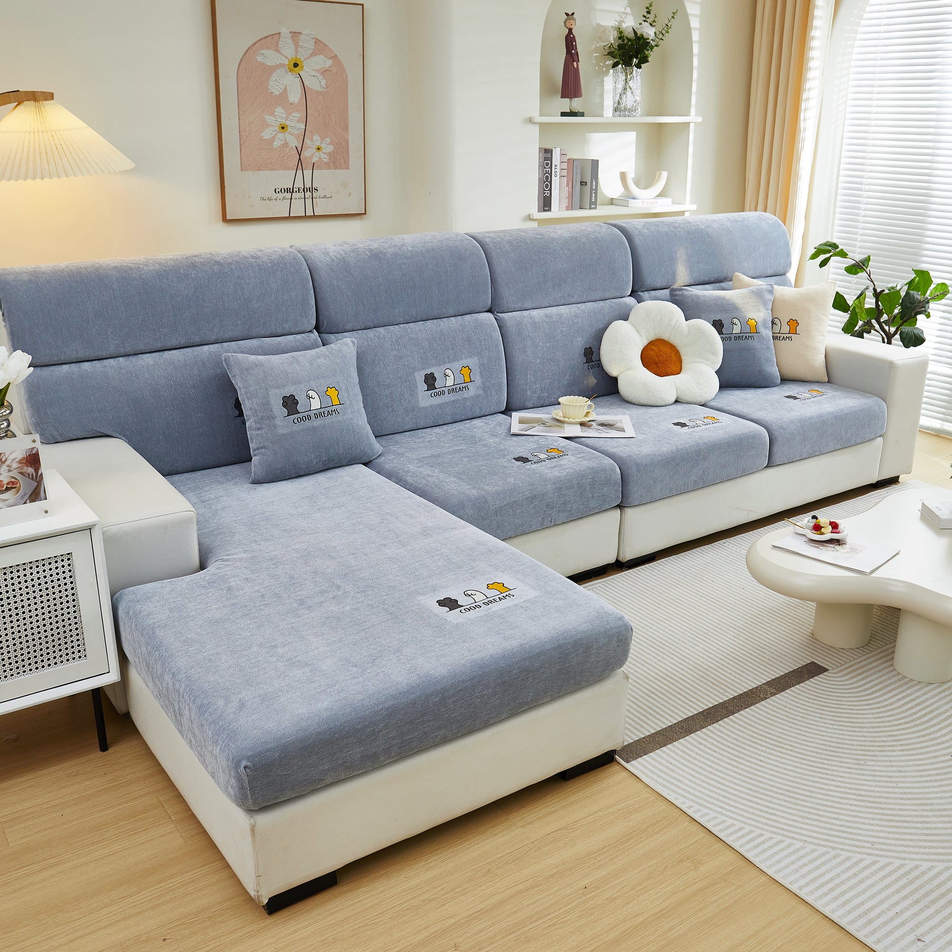 Super Stretch Seat Cushion/Couch Slipcover, Solid Couch Cushion Covers Washable Furniture Protector on a light gray sofa