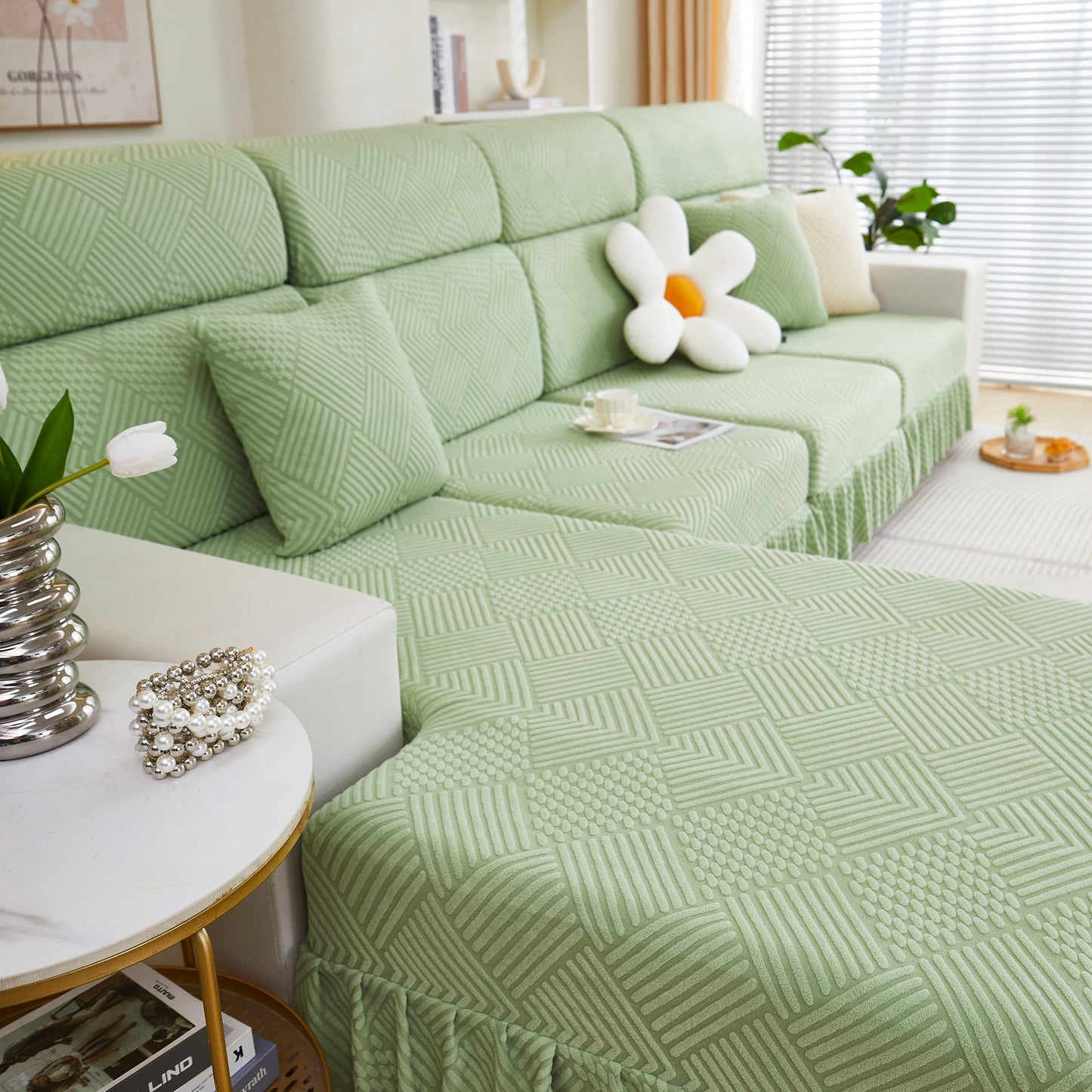 Stretch Sofa Covers for Couch Seats and Cushions, Suitable for 1/2/3/4/L Seater Sofas and Couches in stylish living room setting.