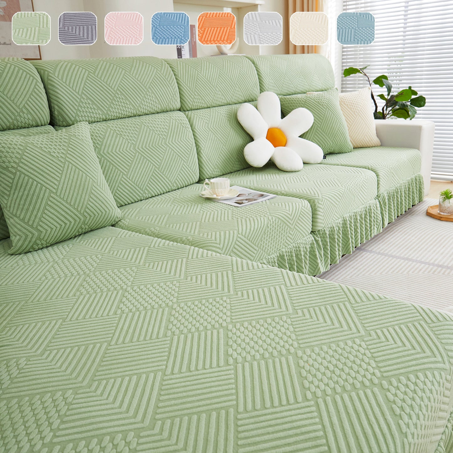 Stretch Sofa Covers for Couch Seats and Cushions, Suitable for 1/2/3/4/L Seater Sofas and Couches with stylish skirt design.