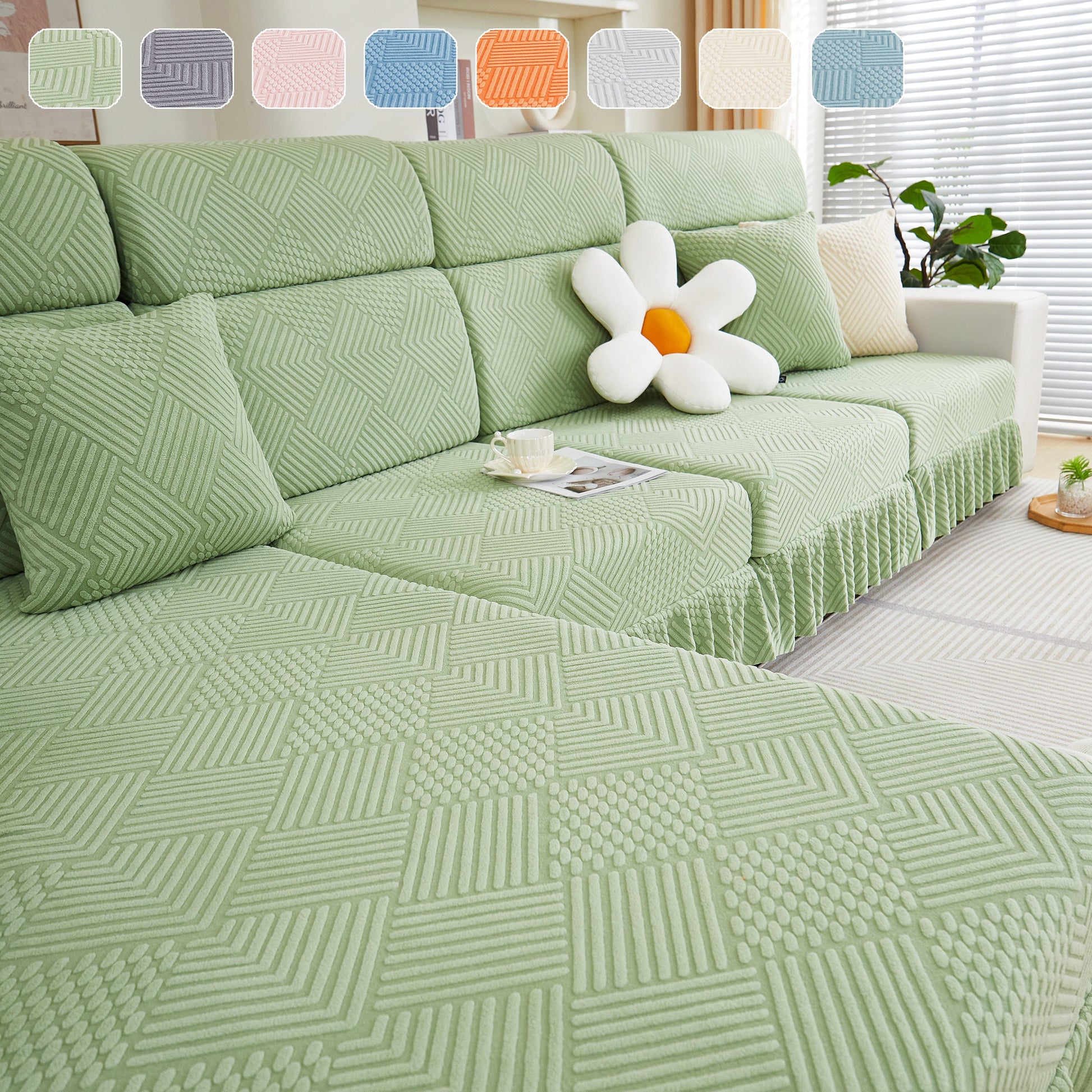 Stretch Sofa Covers for Couch Seats and Cushions, Suitable for 1/2/3/4/L Seater Sofas and Couches with stylish skirt design.