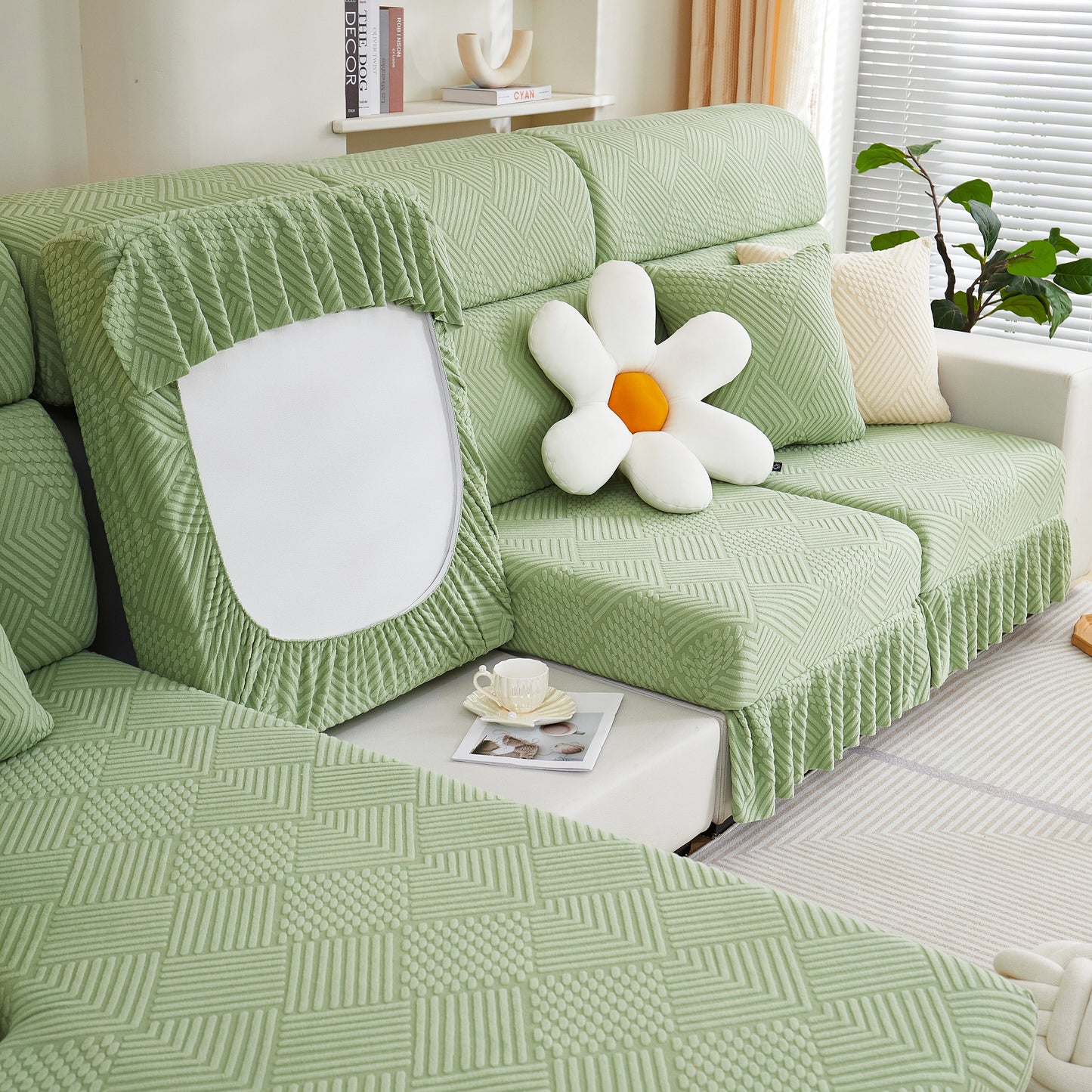 Stretch Sofa Covers for Couch Seats and Cushions, Suitable for 1/2/3/4/L Seater Sofas and Couches in green, with elegant skirt design.