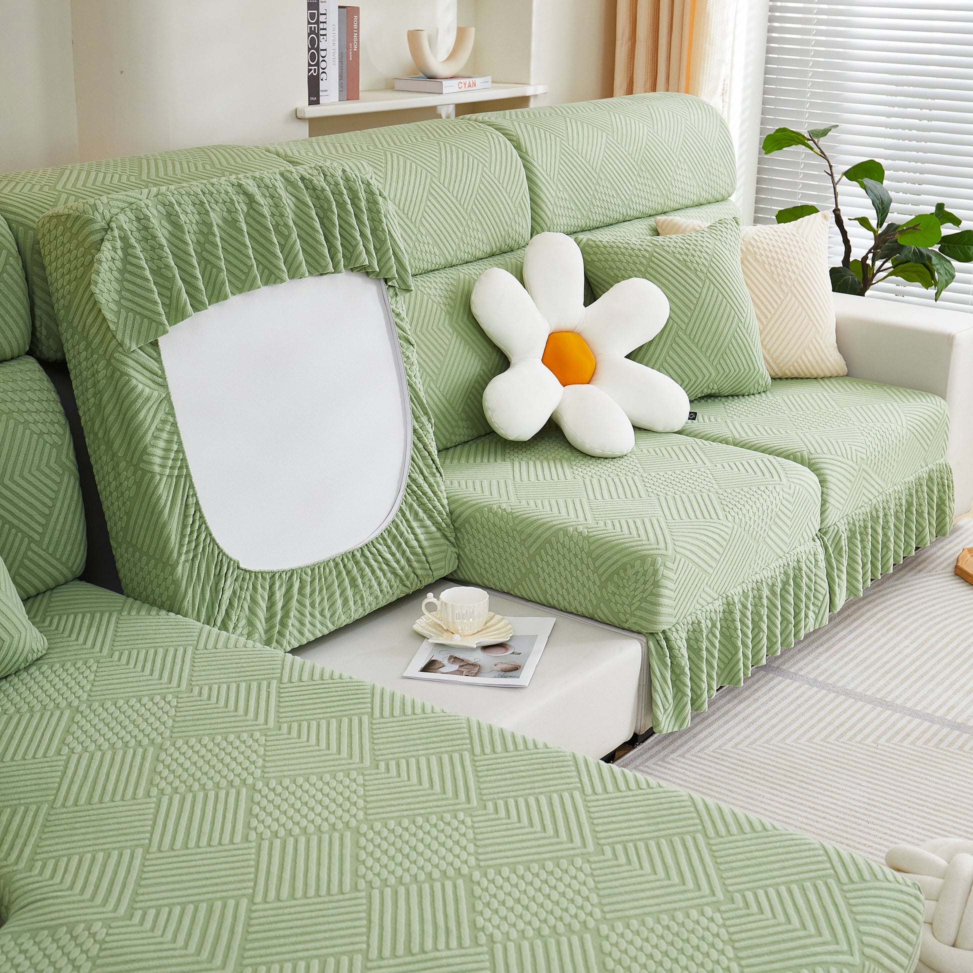 Stretch Sofa Covers for Couch Seats and Cushions, Suitable for 1/2/3/4/L Seater Sofas and Couches in green, with elegant skirt design.