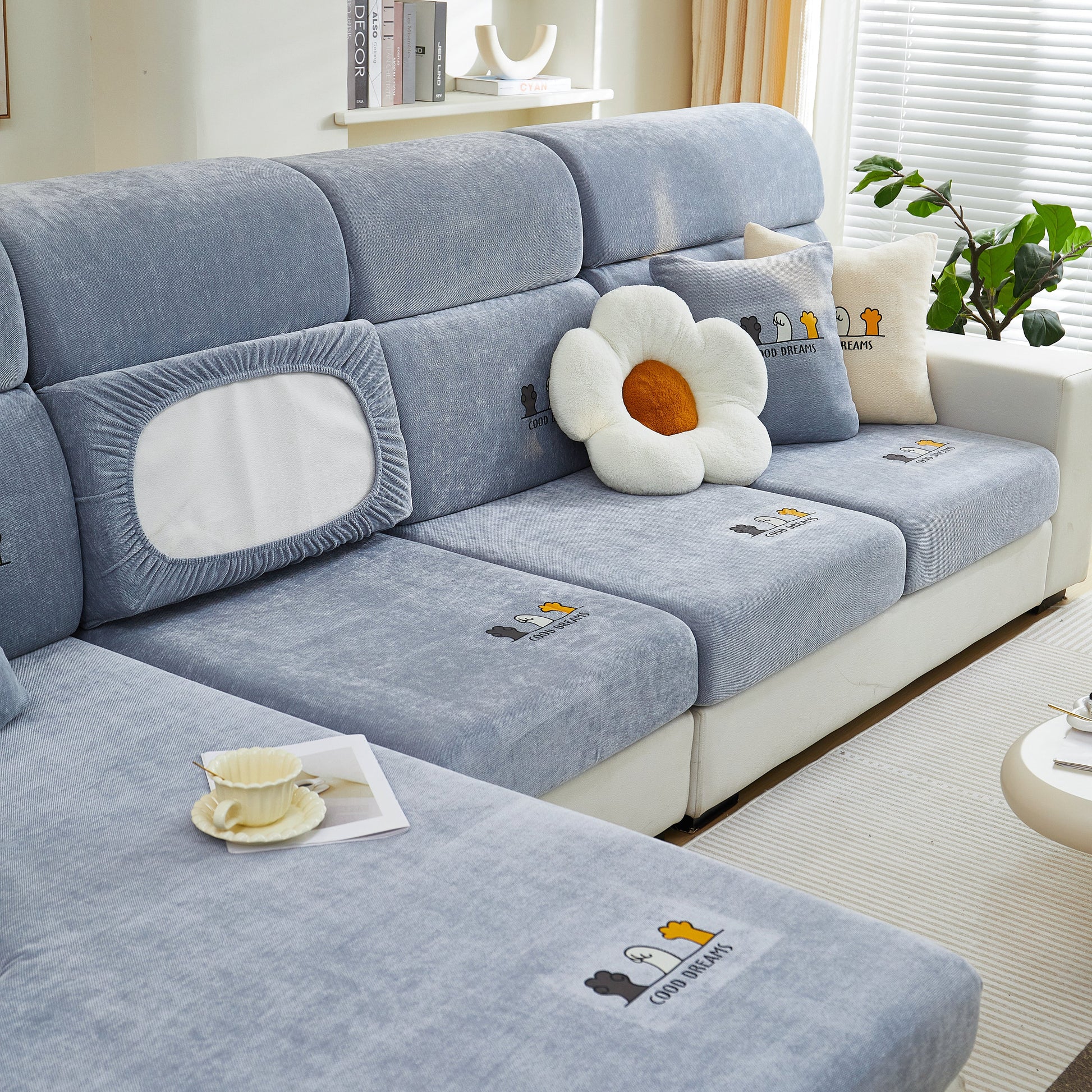 Super Stretch Seat Cushion/Couch Slipcover, Solid Couch Cushion Covers Washable Furniture Protector in a living room setting