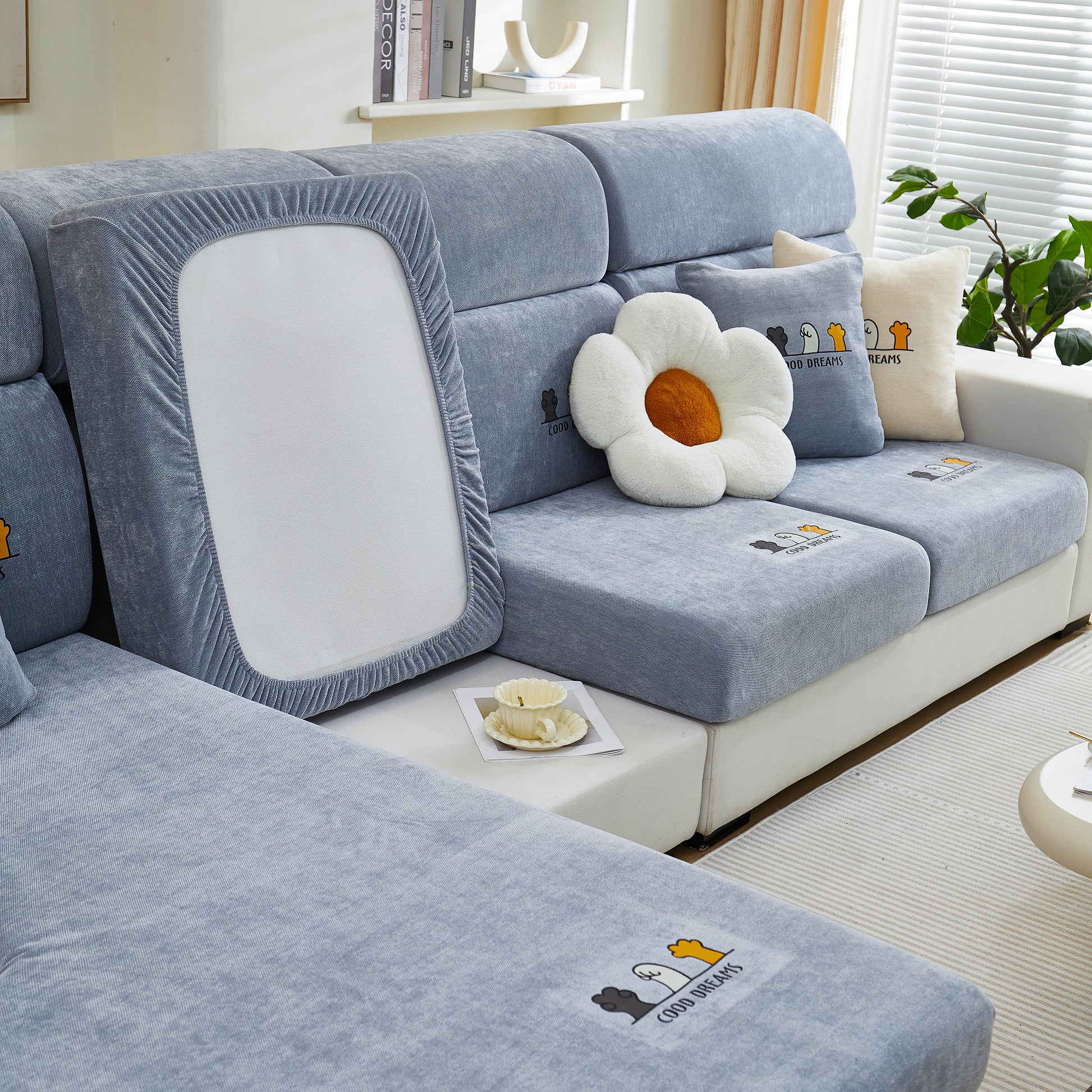 Super Stretch Seat Cushion/Couch Slipcover, Solid Couch Cushion Covers Washable Furniture Protector on a modern sofa