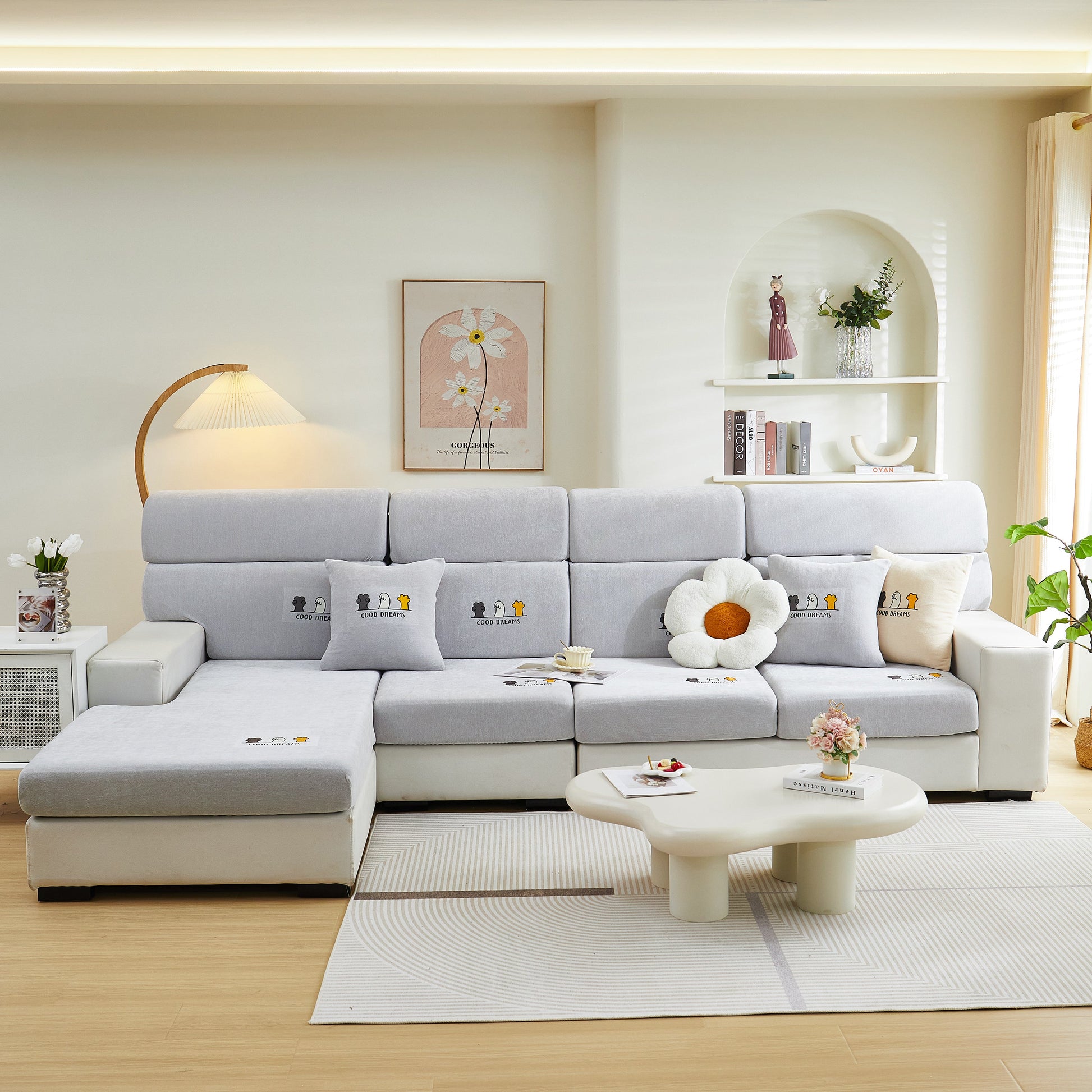 Super Stretch Seat Cushion/Couch Slipcover on modern living room sofa, featuring solid couch cushion covers, washable furniture protector.
