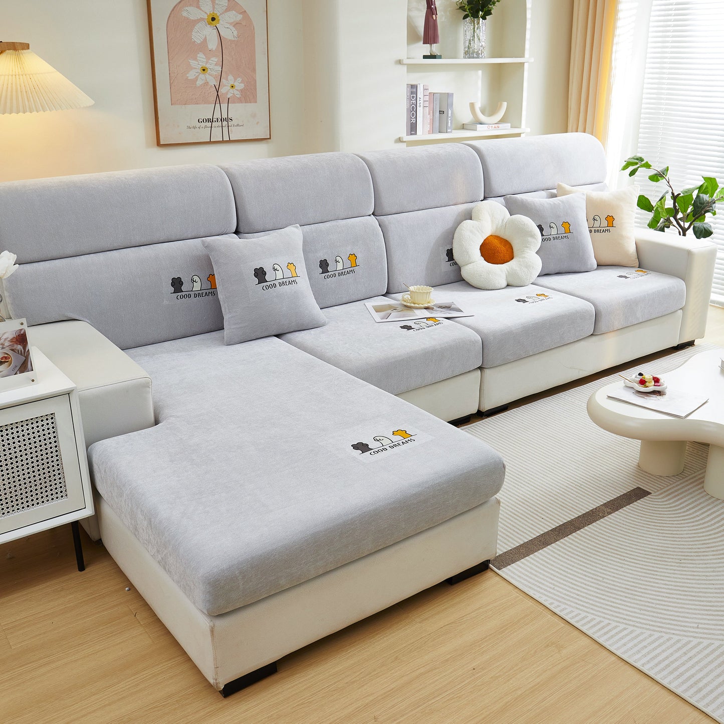 Modern living room with Super Stretch Seat Cushion/Couch Slipcover, Solid Couch Cushion Covers Washable Furniture Protector in grey.