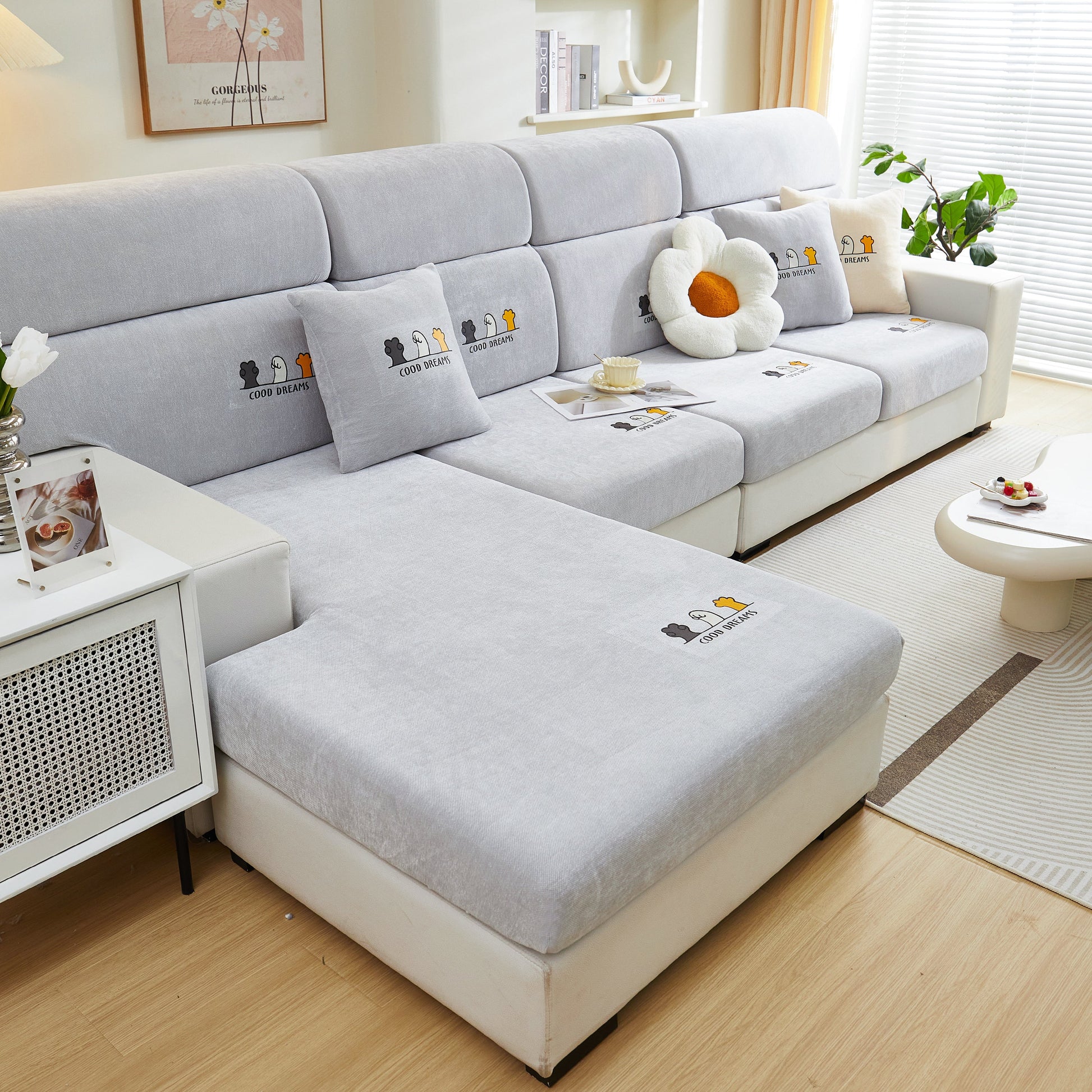 Super Stretch Seat Cushion/Couch Slipcover, Solid Couch Cushion Covers Washable Furniture Protector on a modern sofa